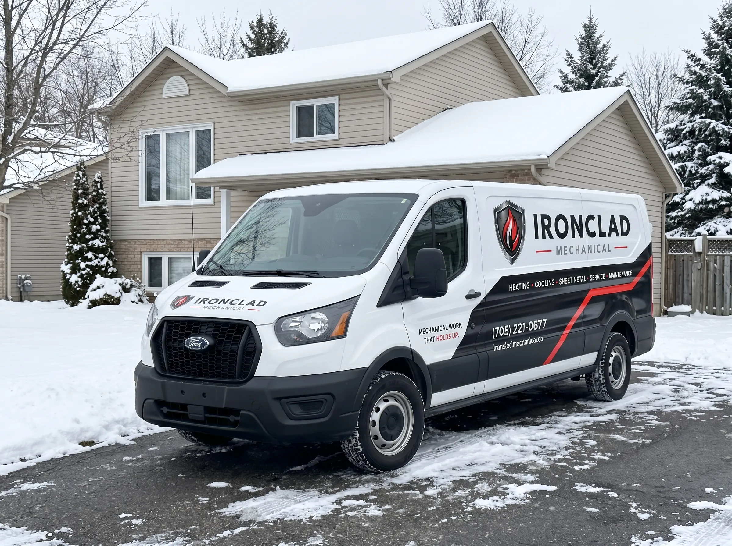 Ironclad Mechanical Ford Transit service van parked in front of a Northern Ontario home in winter
