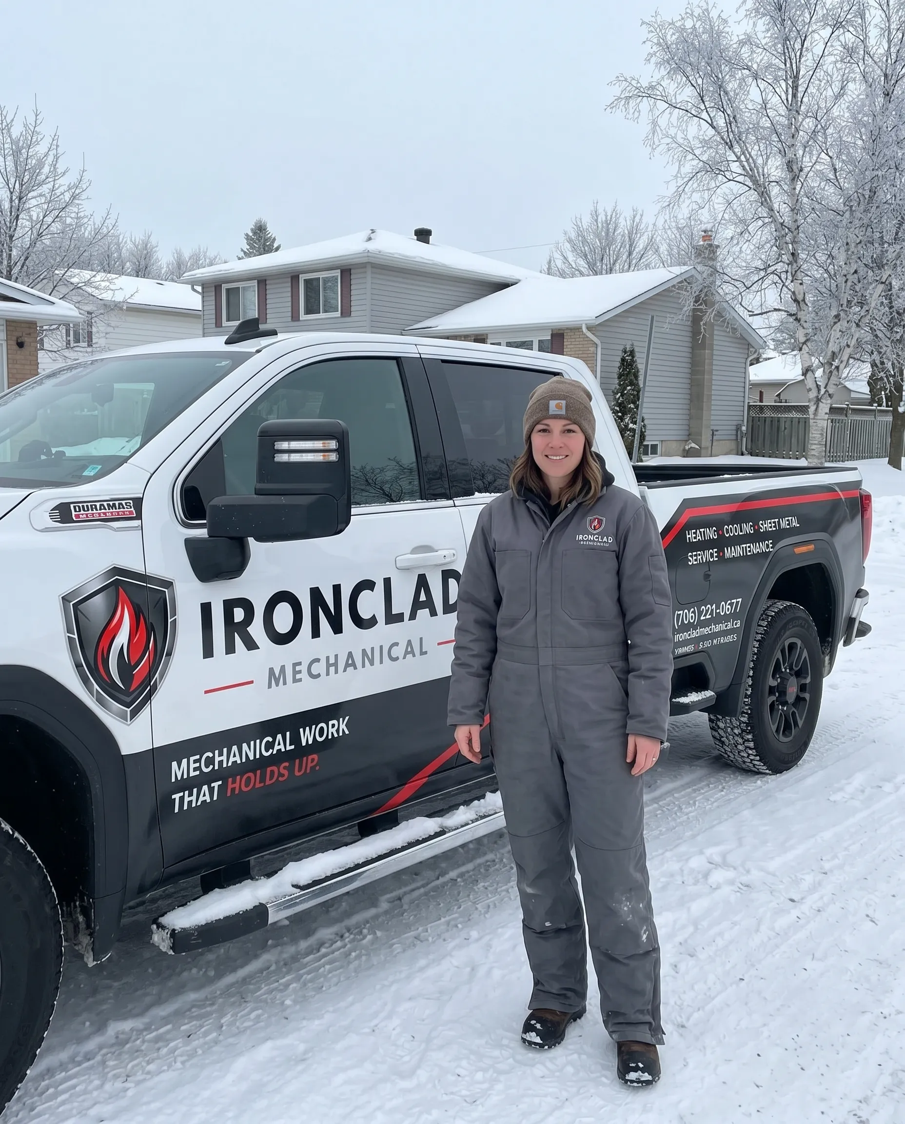 Ironclad Mechanical technician standing in front of a wrapped GMC pickup service truck in winter in Northern Ontario
