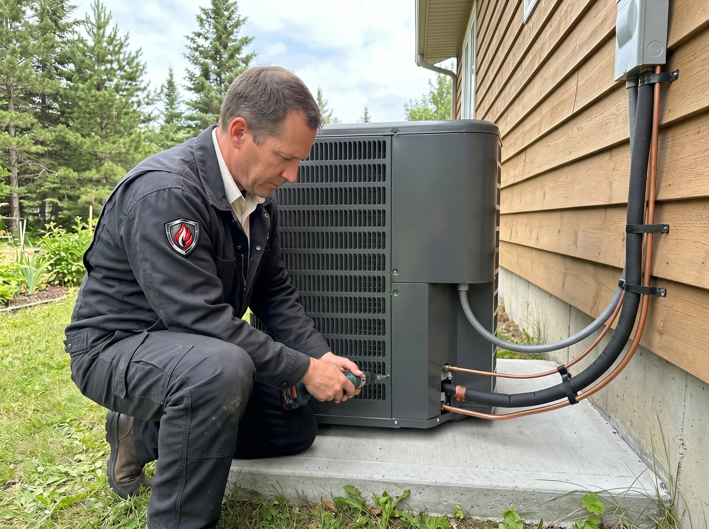 Air conditioning installation in Timmins by Ironclad Mechanical technician installing outdoor condenser unit