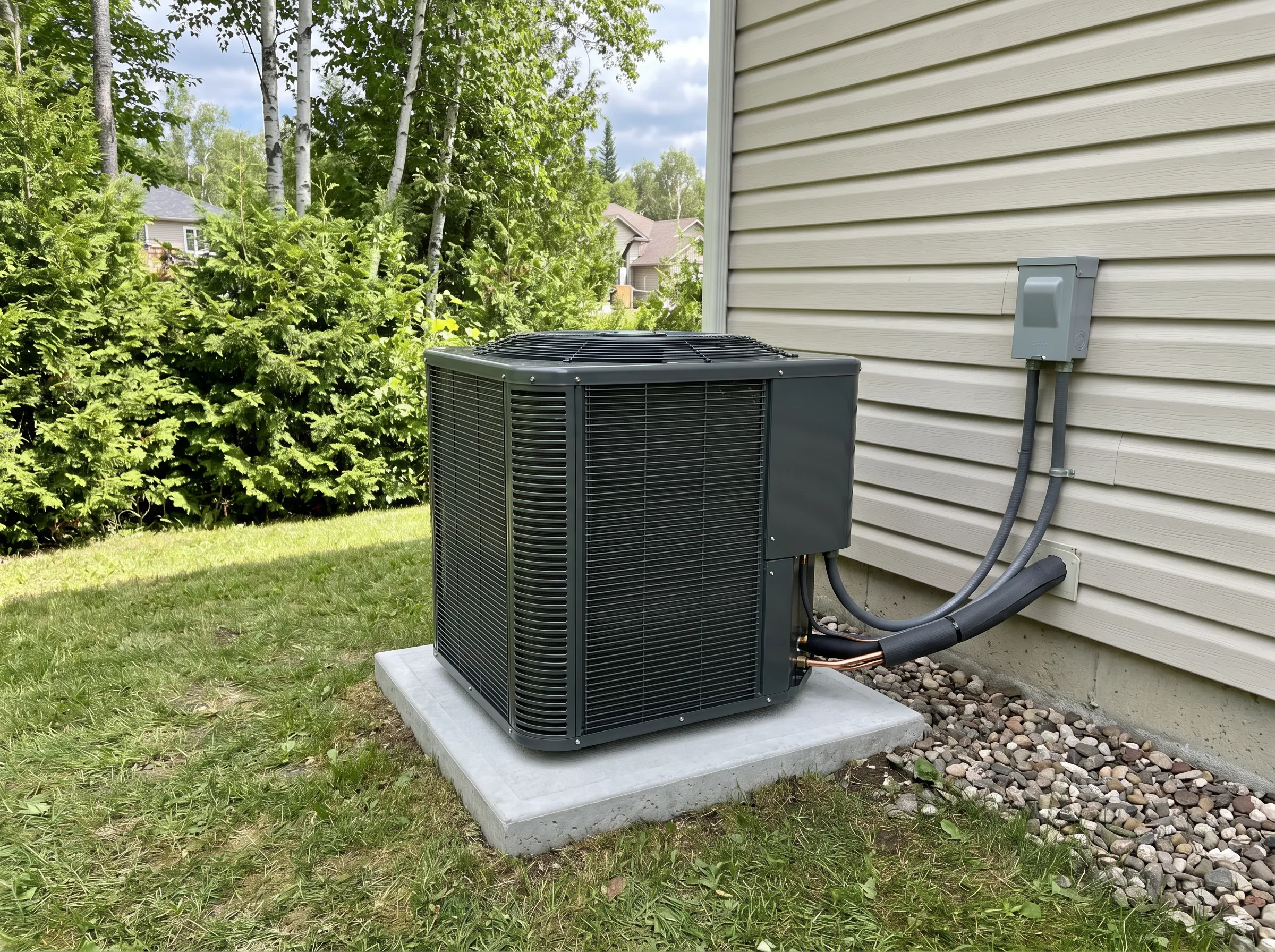 Properly installed air conditioning condenser unit in Timmins with adequate clearance for airflow