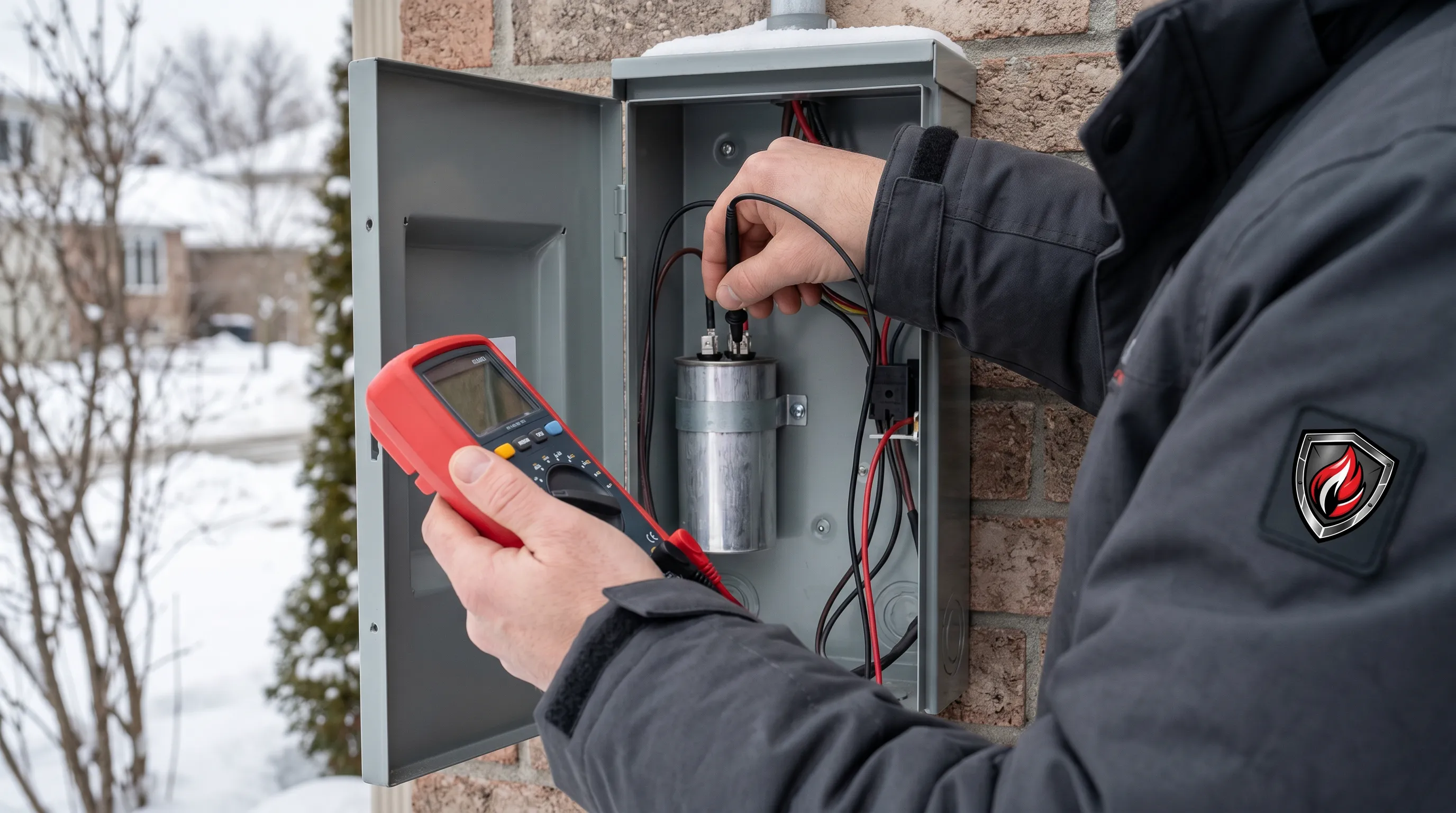 HVAC technician testing air conditioner capacitor during repair service