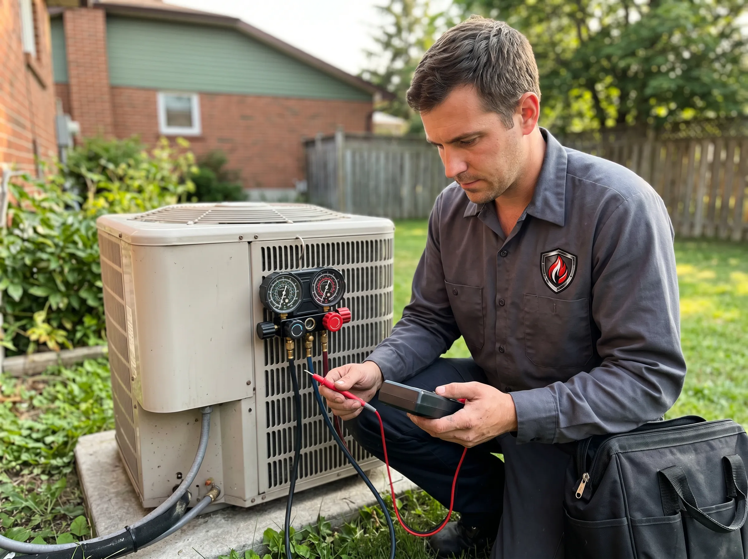 Air conditioning repair technician diagnosing AC unit in Timmins Ontario