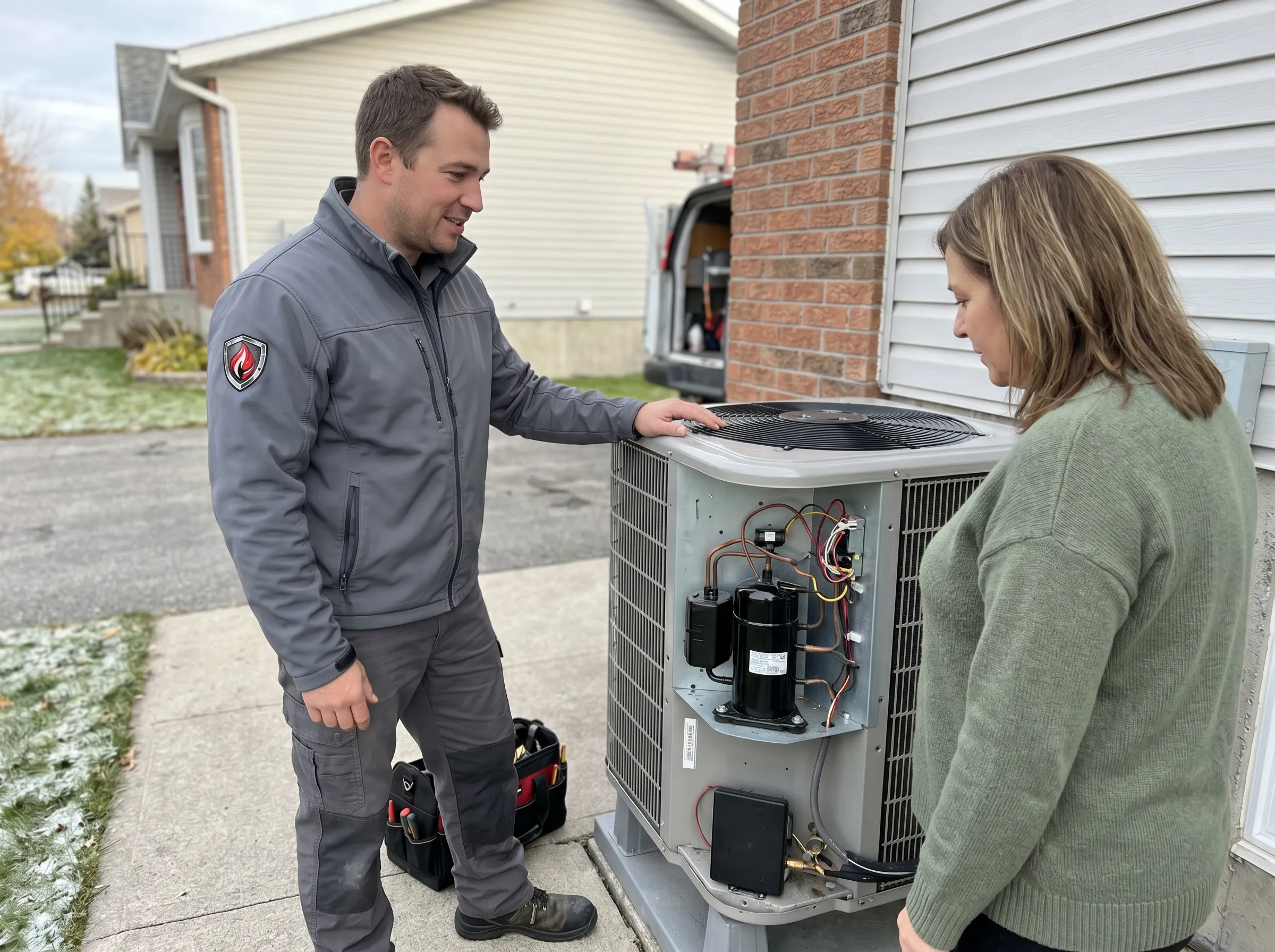 HVAC technician explaining air conditioning repair options to Timmins homeowner