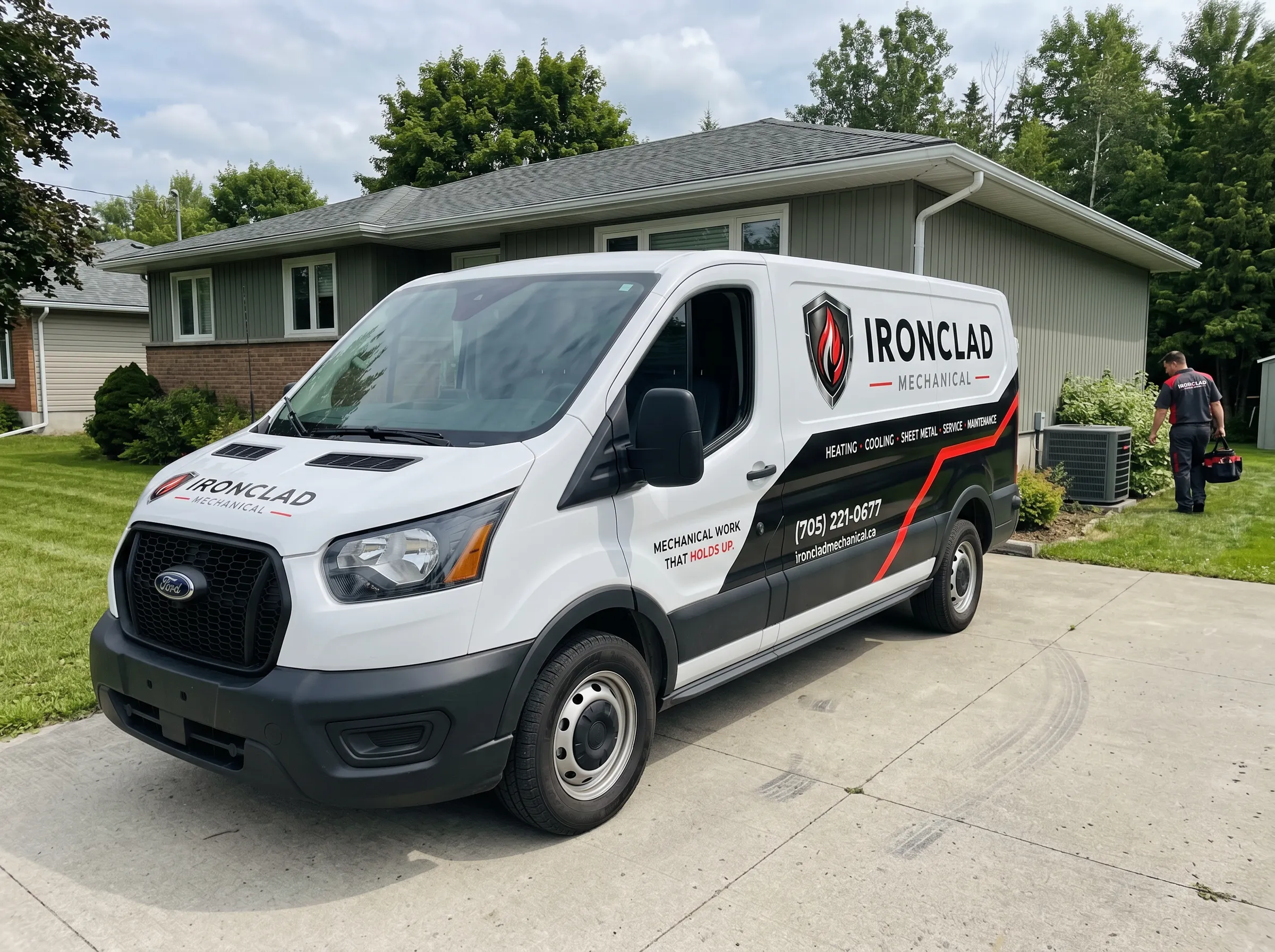 Ironclad Mechanical HVAC service truck at residential air conditioning repair in Timmins