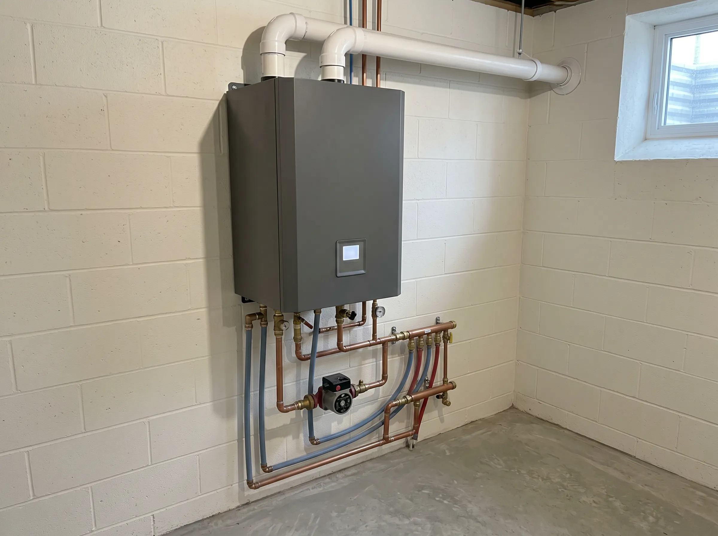 High-efficiency boiler installation in Timmins basement with condensing unit and PVC venting