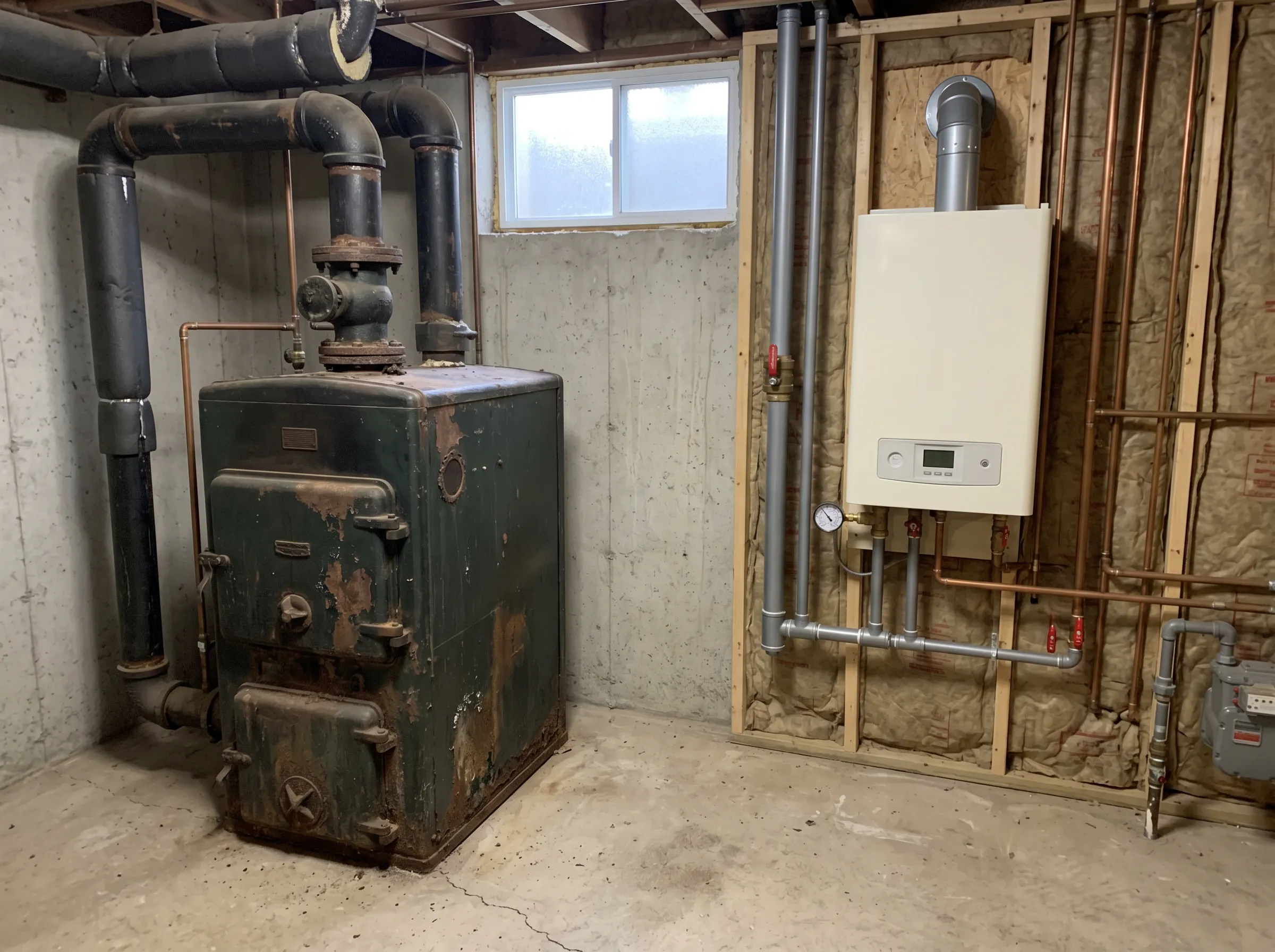 Old cast-iron boiler compared to new high-efficiency condensing boiler installation in Northern Ontario home