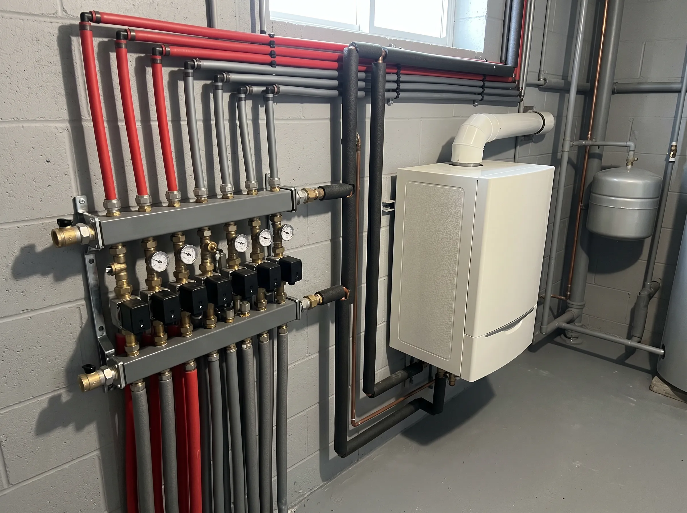 Radiant floor heating manifold connected to high-efficiency boiler for Timmins home heating system