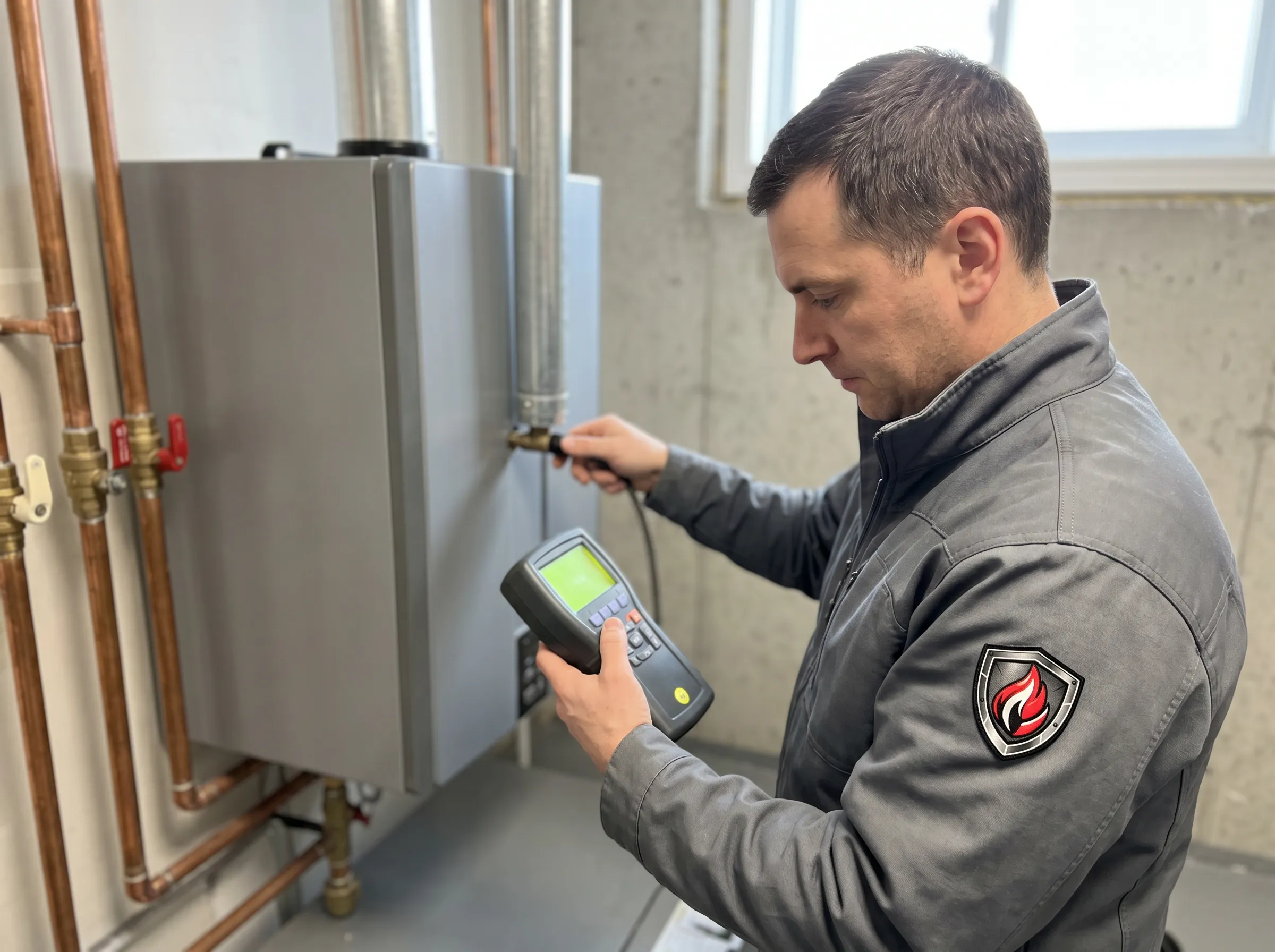 Ironclad Mechanical technician testing boiler combustion efficiency during installation in Timmins