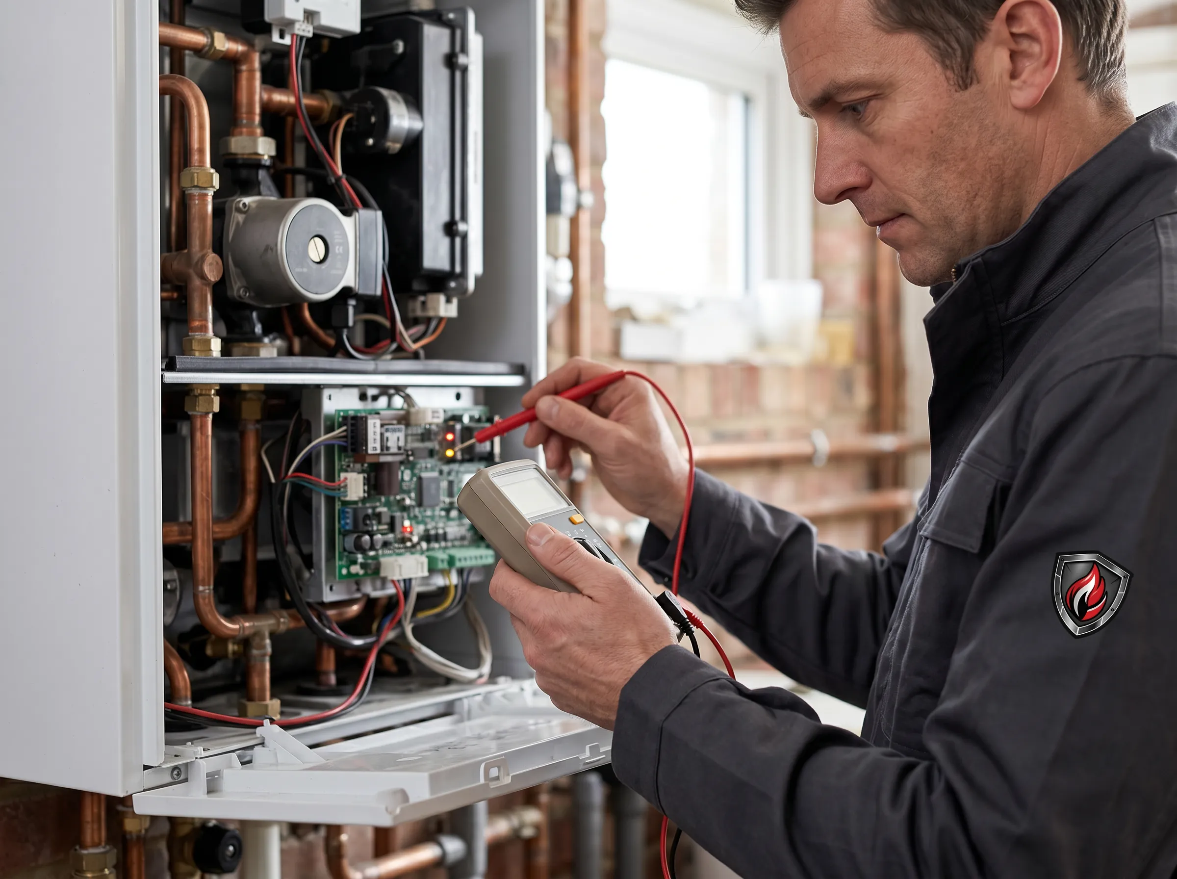 Boiler repair technician diagnosing control board issue in Timmins home
