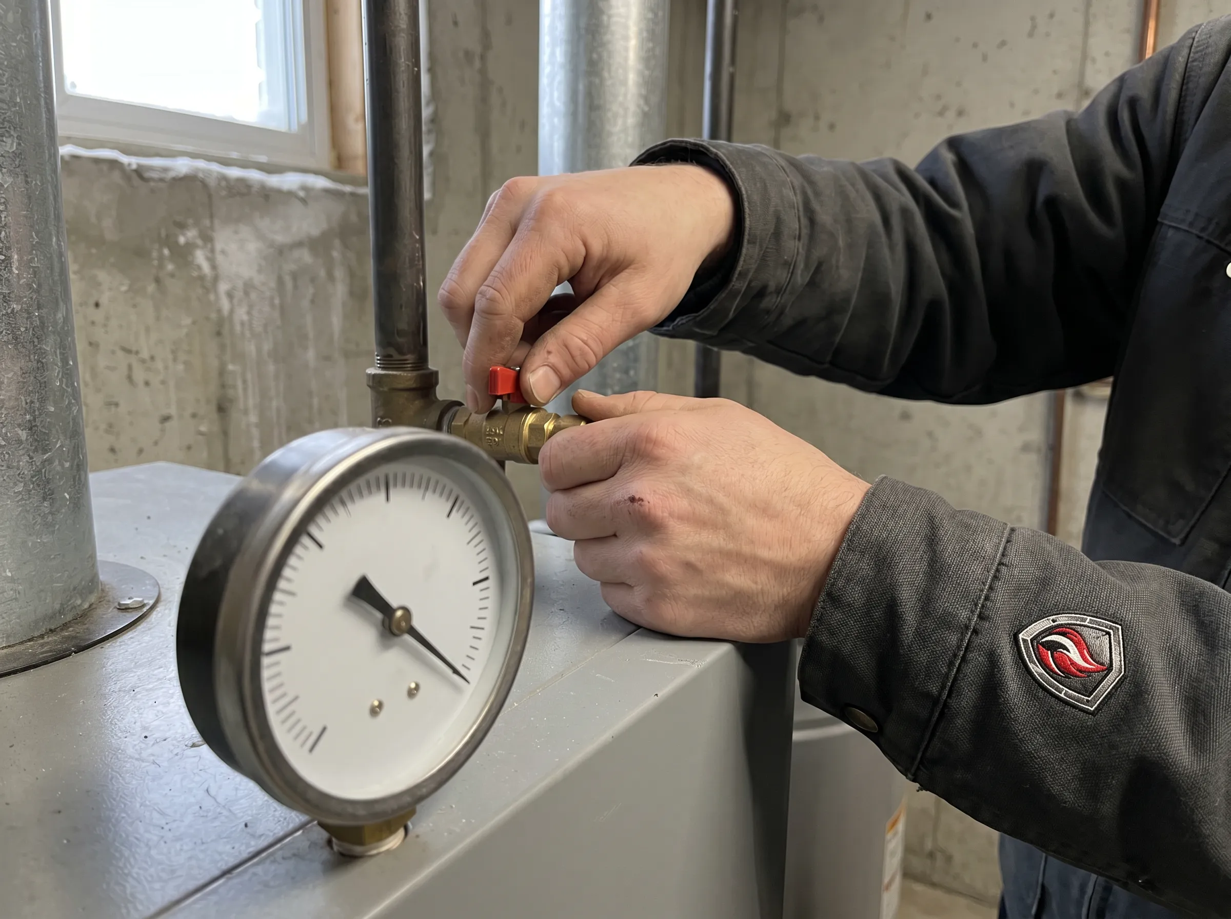 TSSA licensed technician adjusting boiler pressure during service call in Timmins
