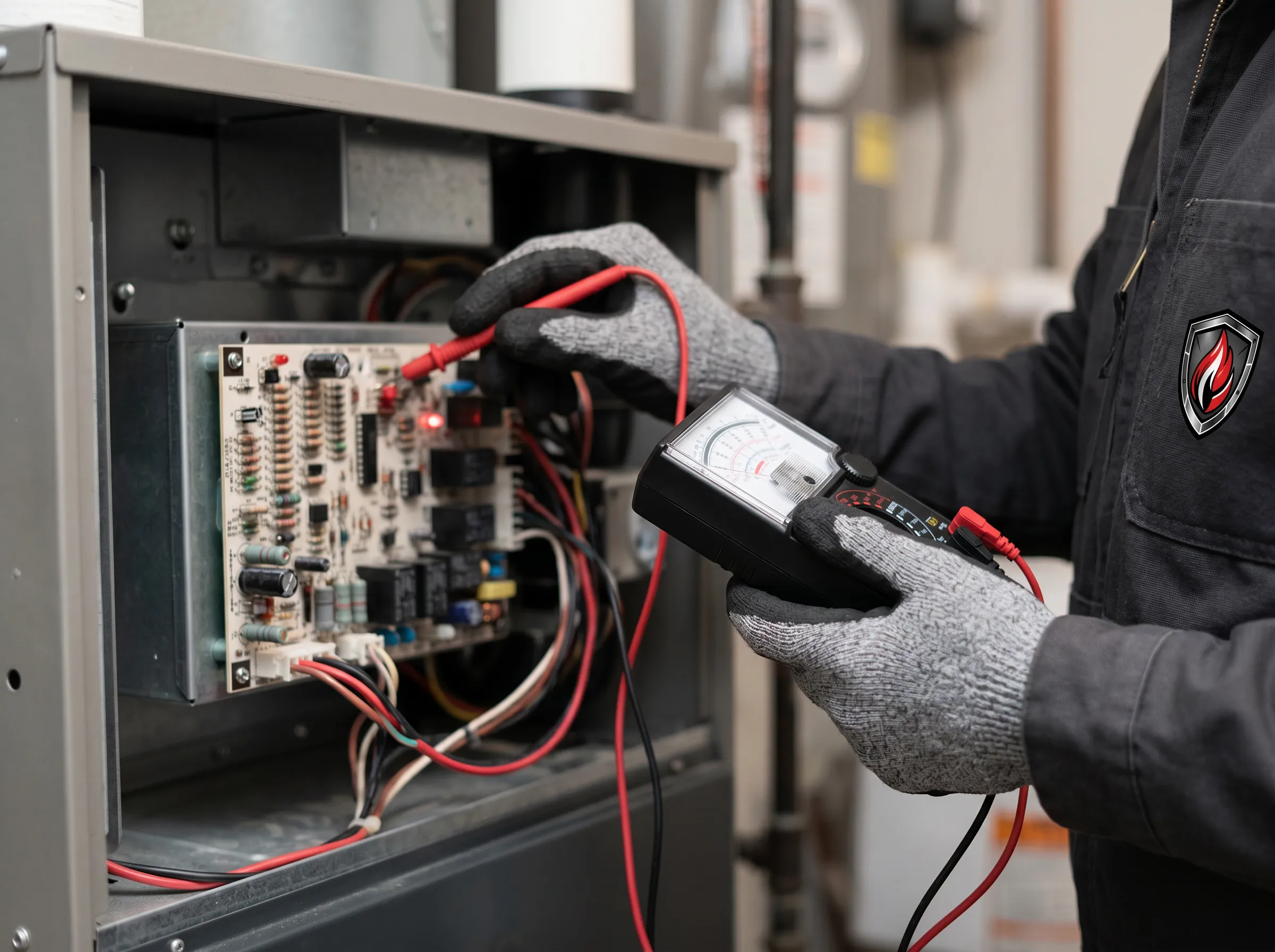 HVAC technician diagnosing furnace failure during emergency service call in Timmins
