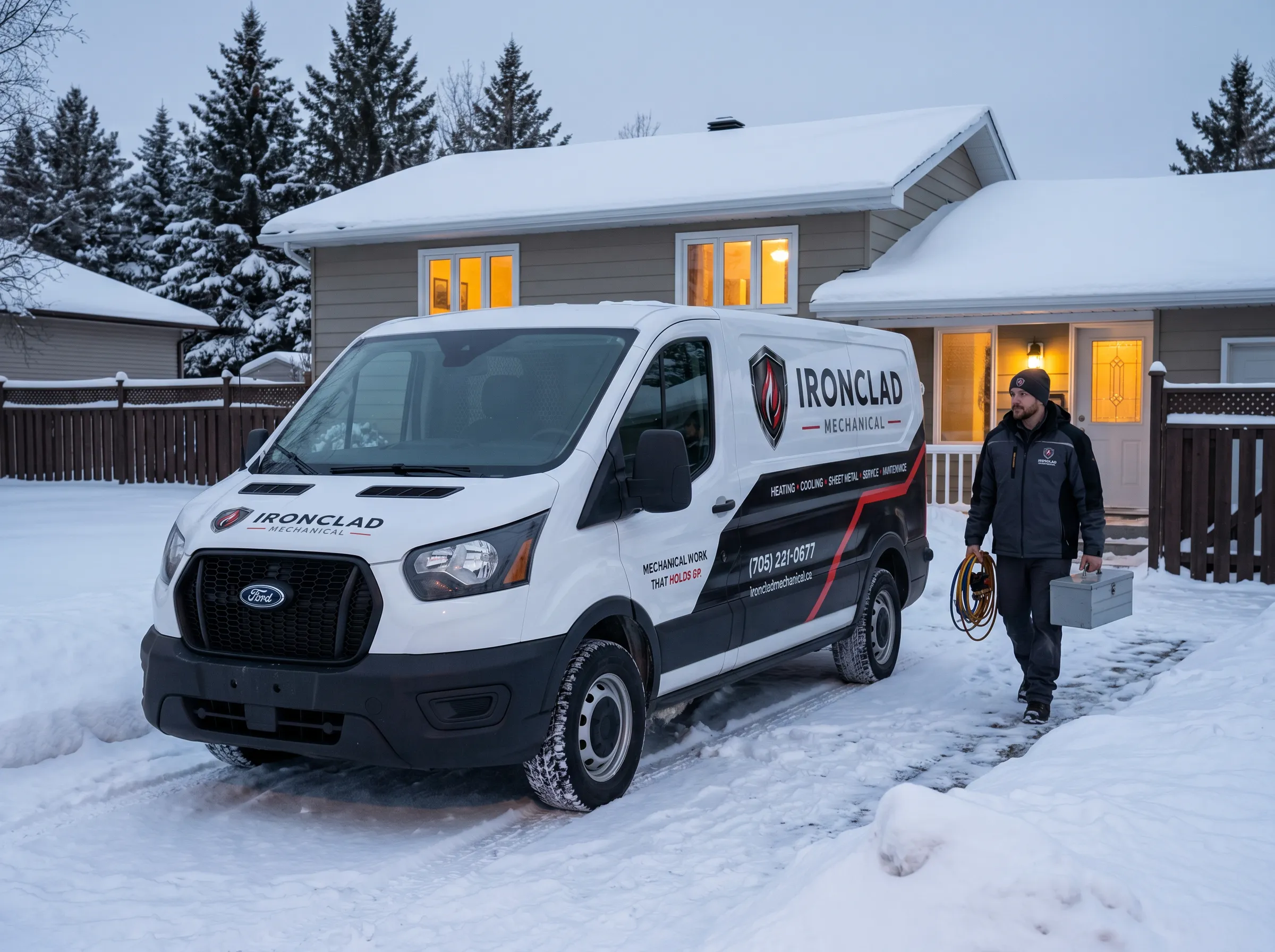 Emergency furnace repair technician arriving at Timmins home during winter evening