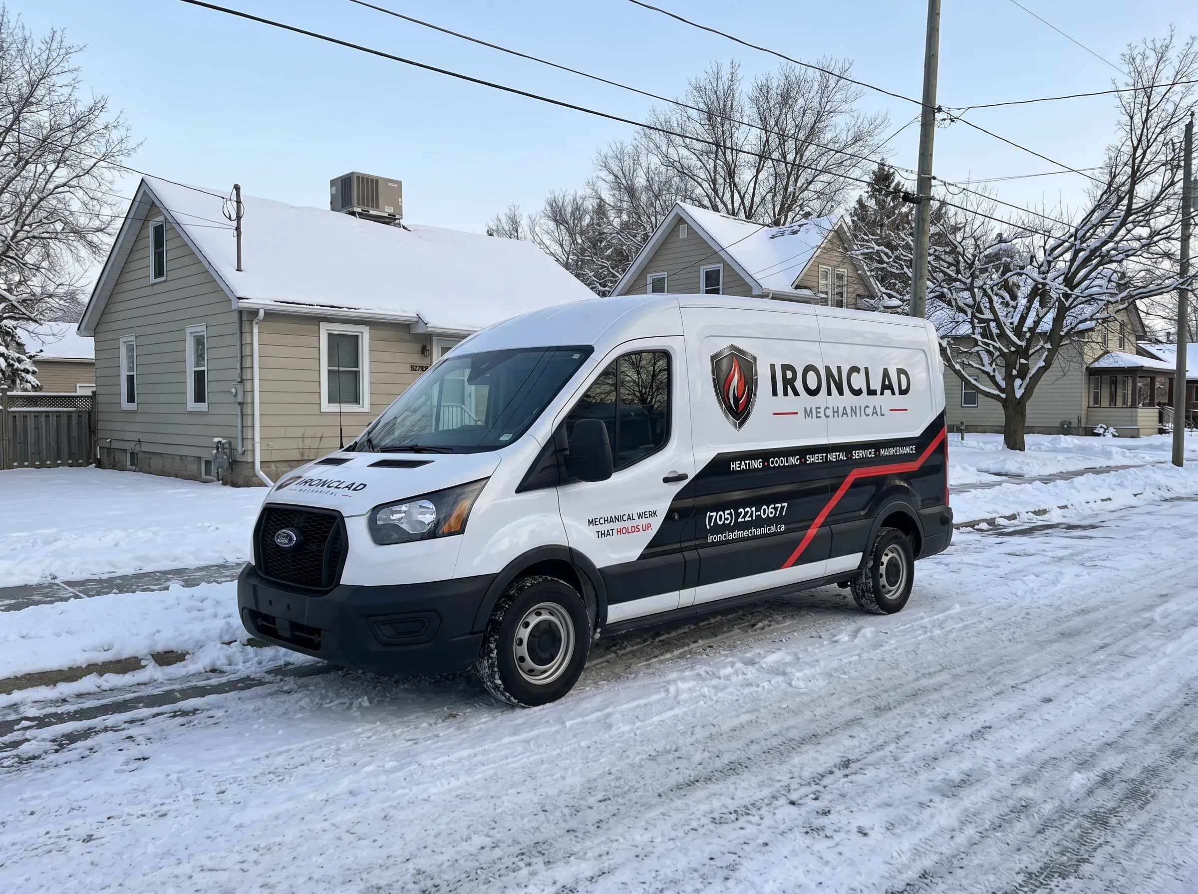 Ironclad Mechanical service truck covering emergency HVAC calls across Timmins and Northern Ontario
