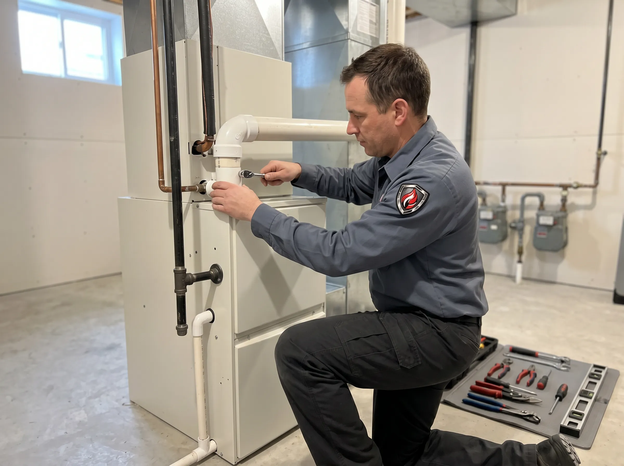 High-efficiency gas furnace installation in Timmins basement by Ironclad Mechanical