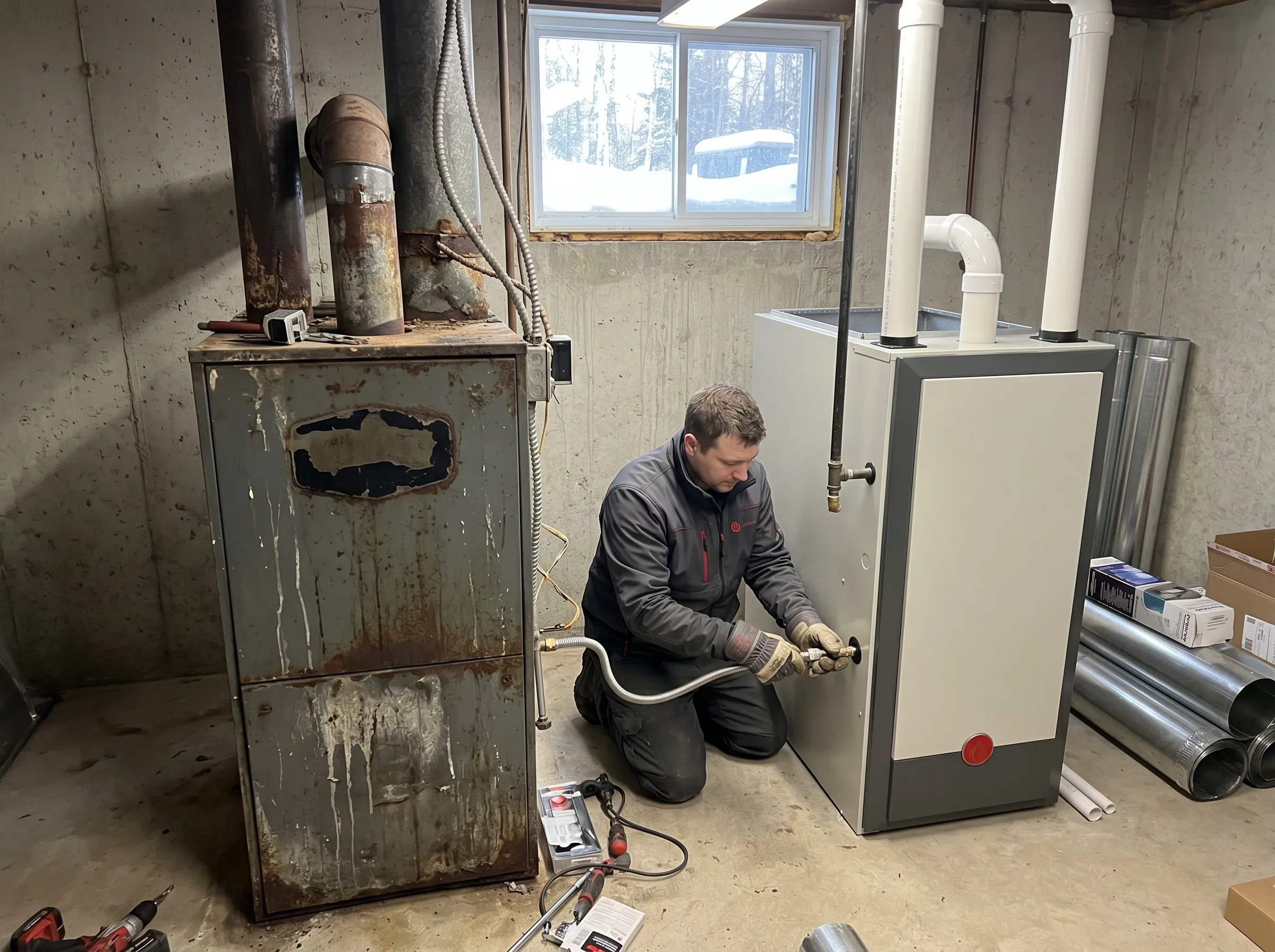 Old furnace replacement with new high-efficiency modulating gas furnace in Timmins