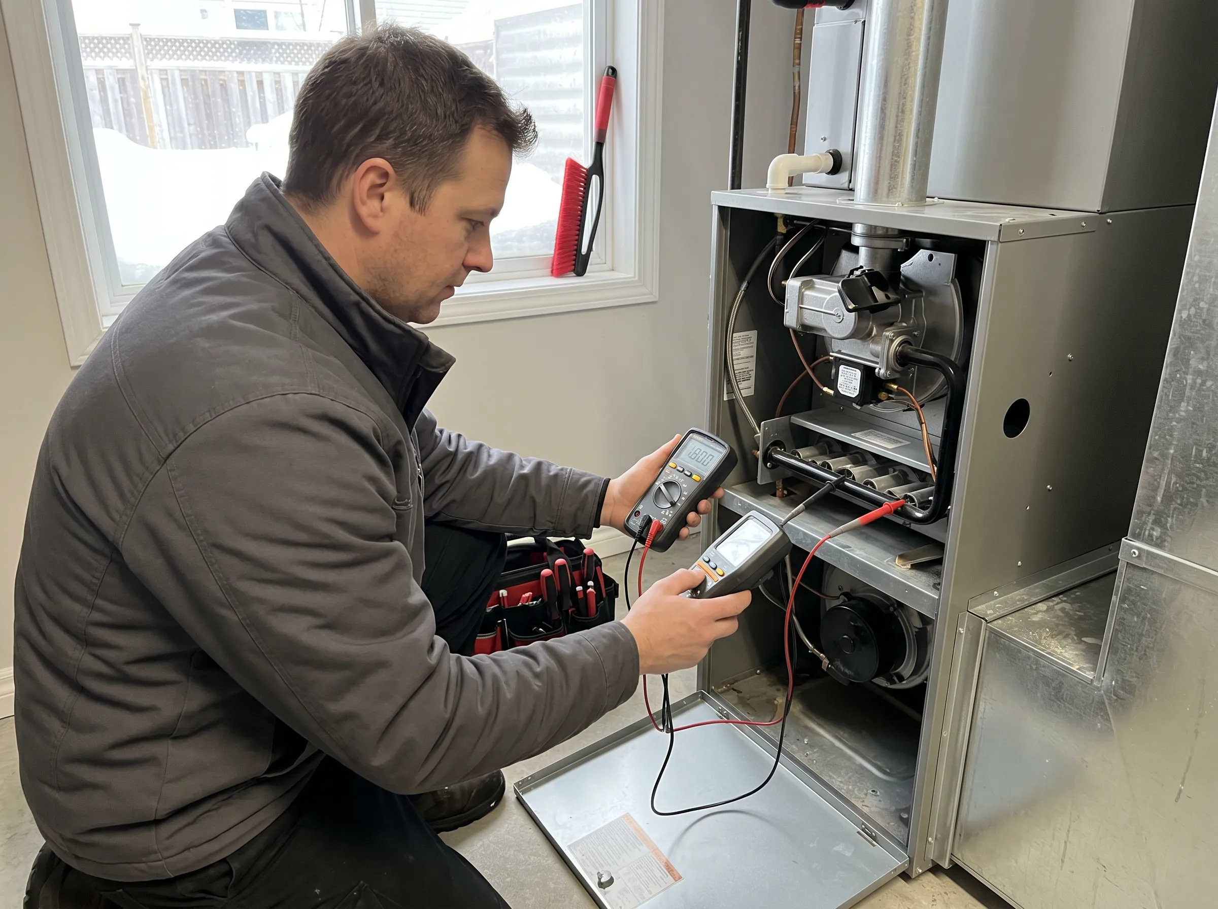 TSSA-licensed furnace repair technician diagnosing gas furnace in Timmins home