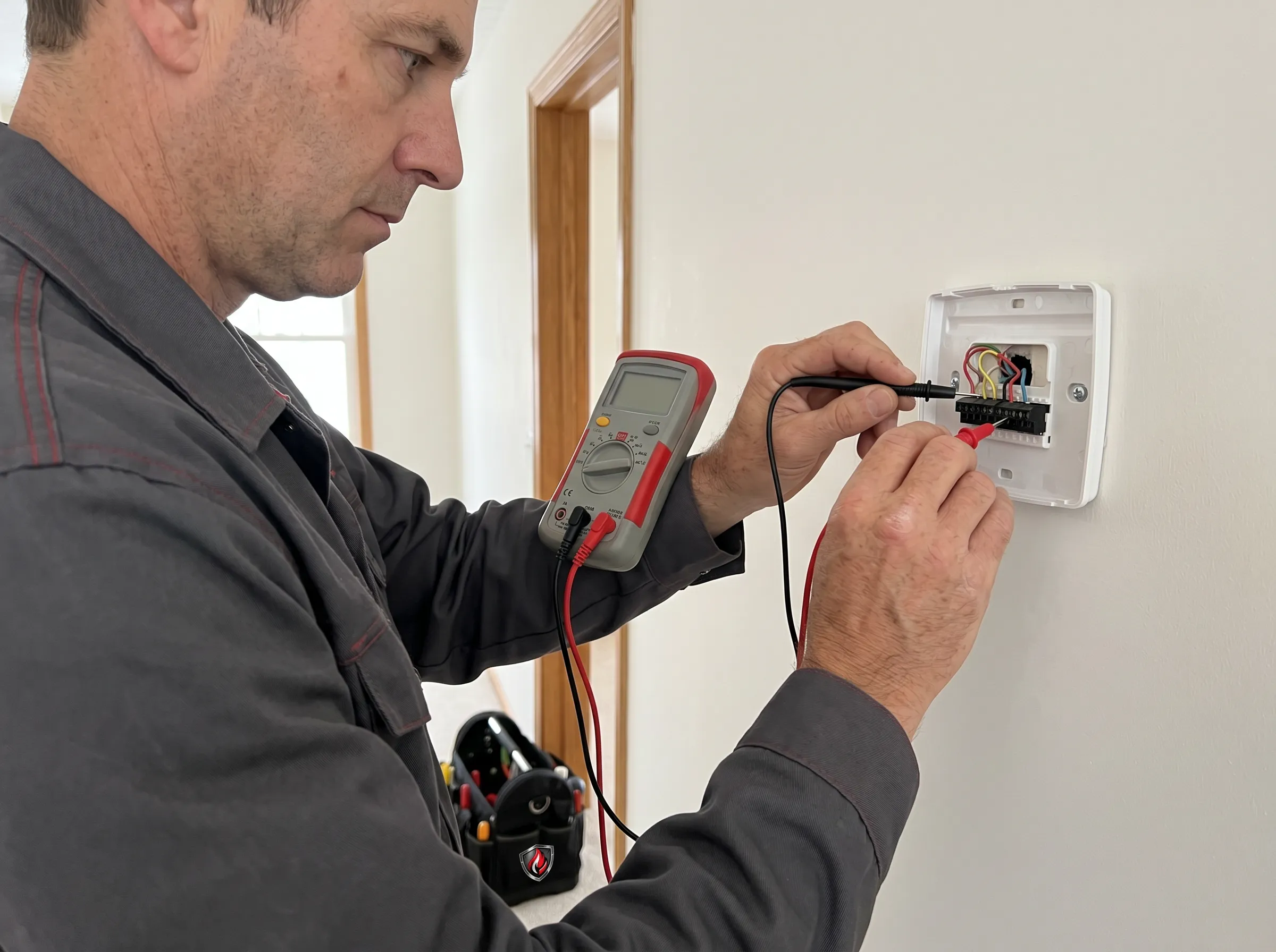 Furnace technician troubleshooting thermostat wiring during repair call