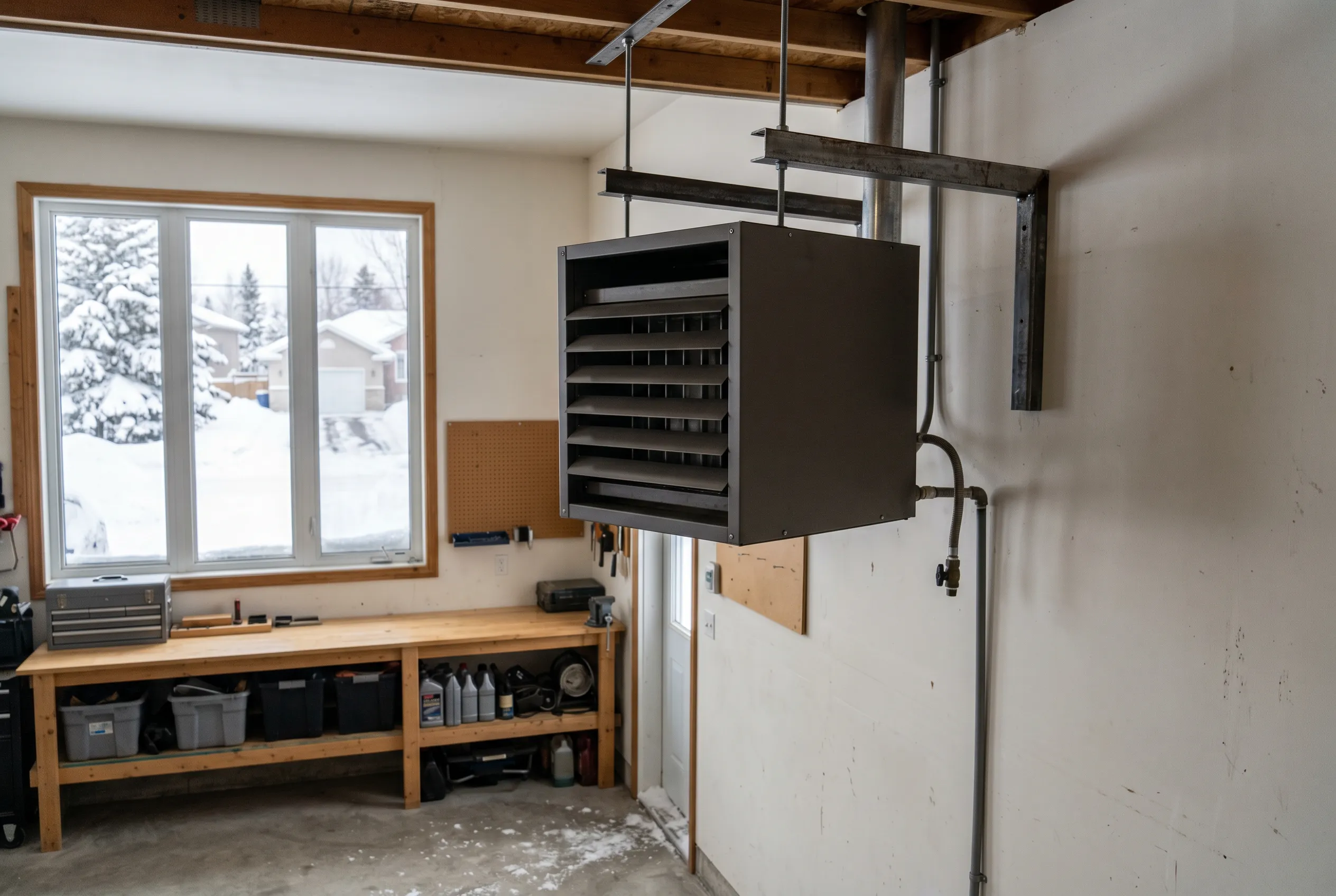 Gas-fired unit heater mounted in a residential garage in winter