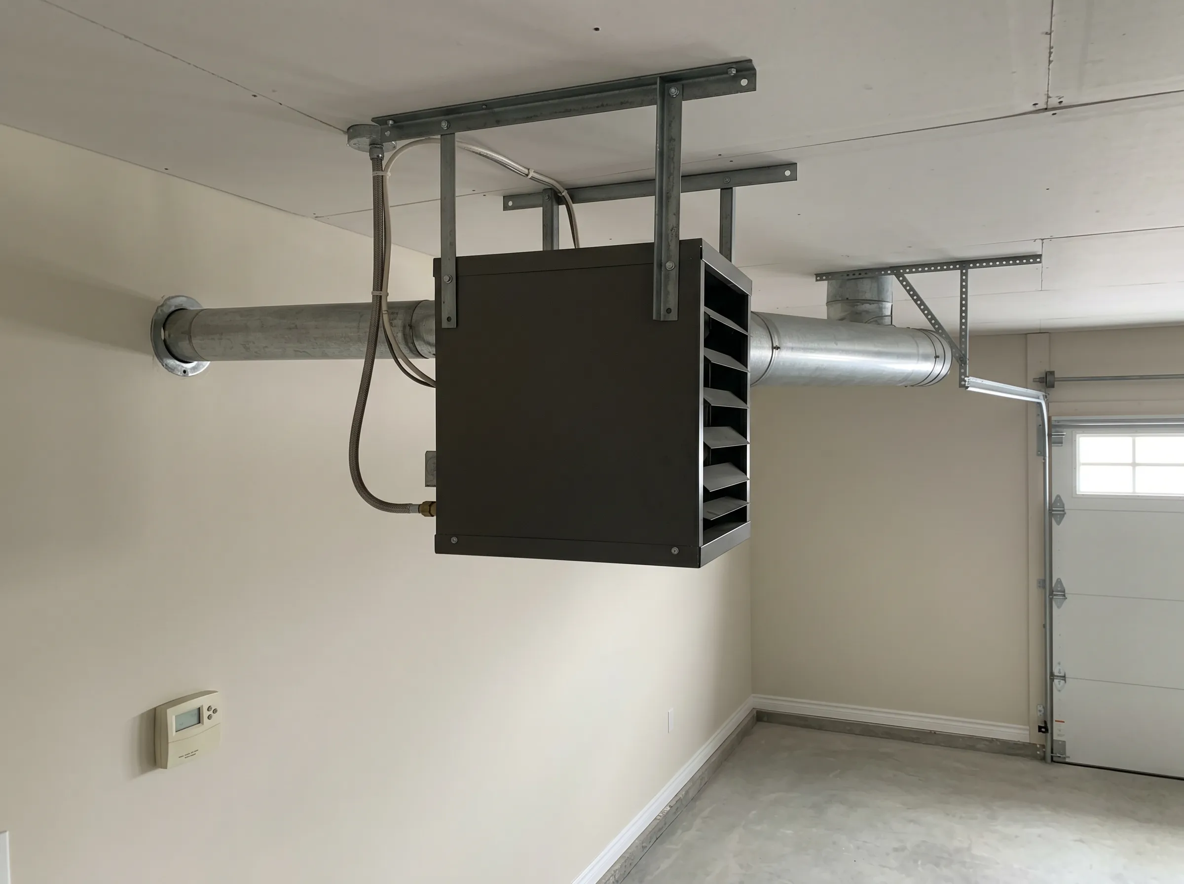 Gas garage heater installation in Timmins residential garage with ceiling mount and venting system