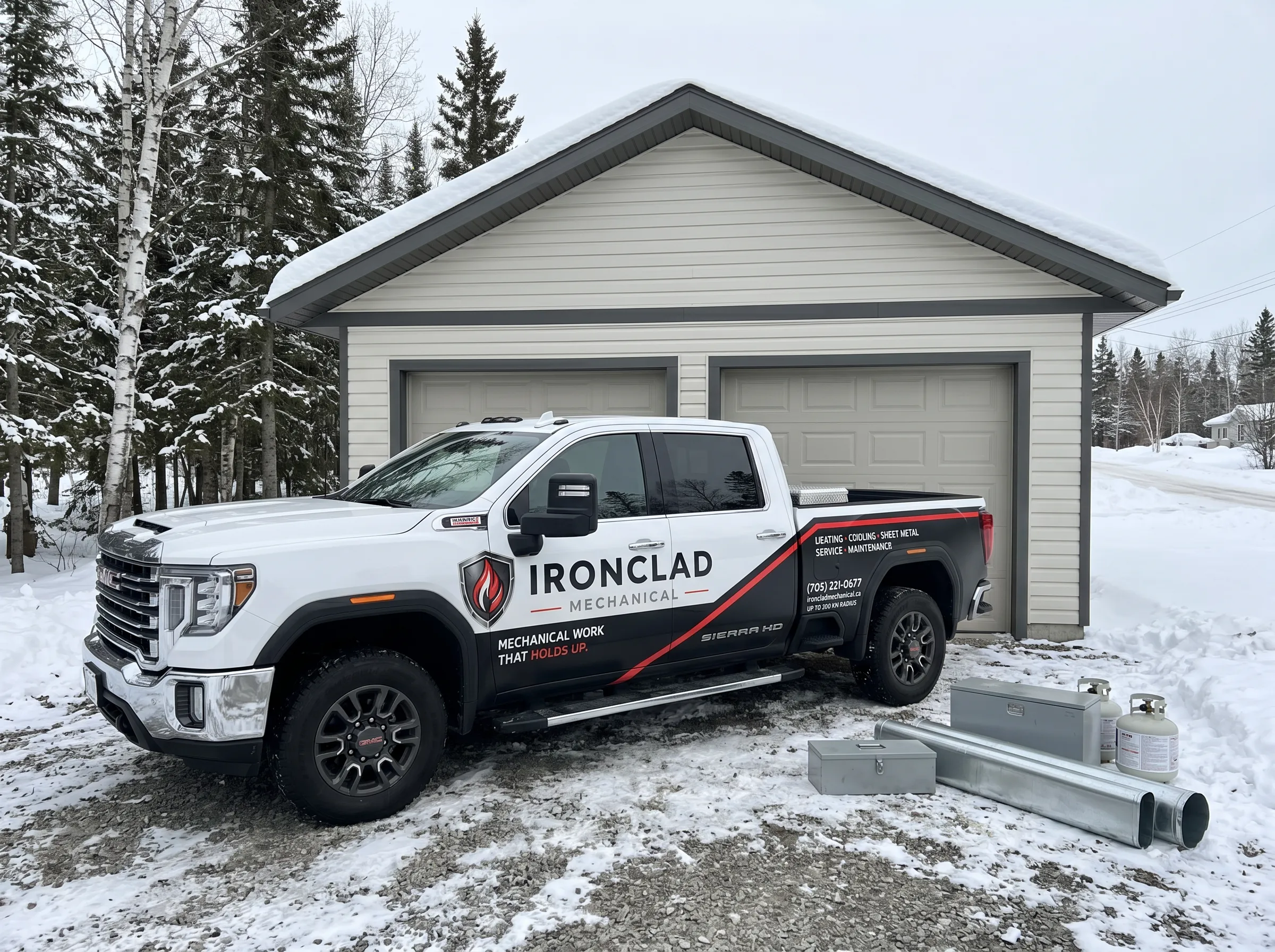 Ironclad Mechanical service truck for garage heater installation across Timmins and Northern Ontario