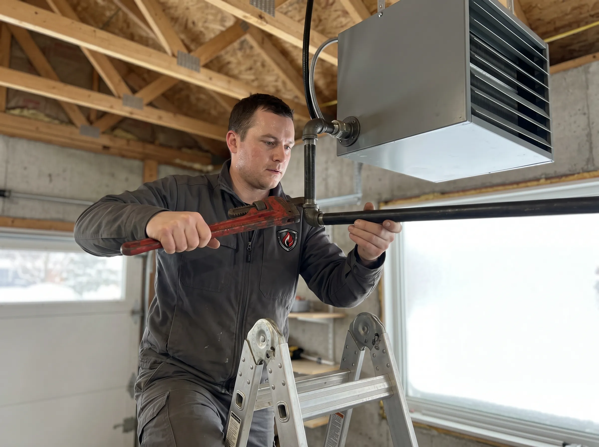 TSSA licensed technician installing gas line for garage heater in Timmins