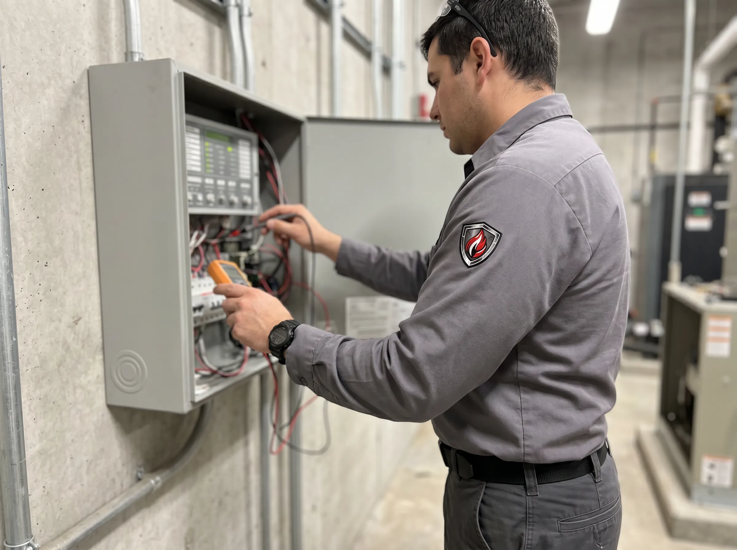 TSSA-licensed technician performing Hansentek fire detection system inspection in Timmins industrial facility