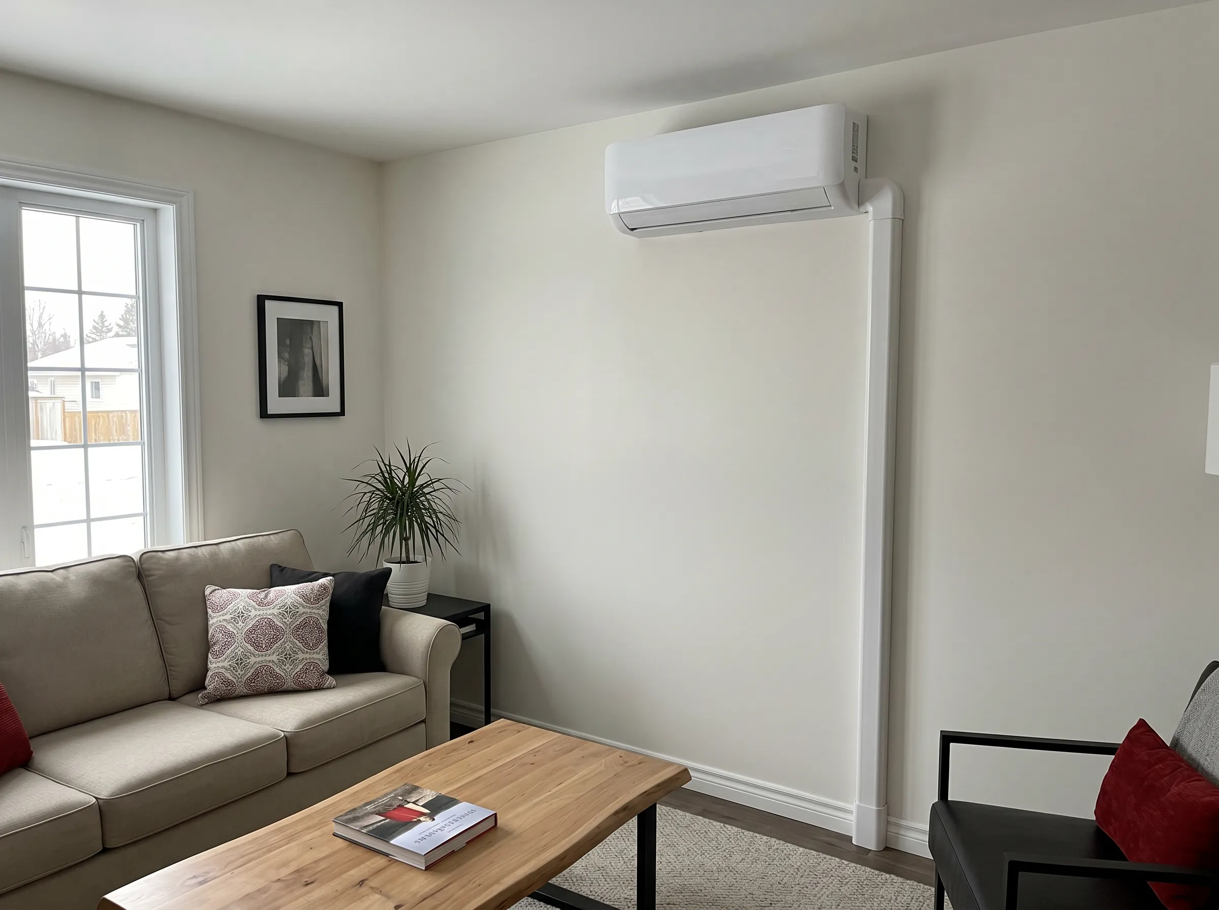 Ductless mini-split indoor wall-mounted heat pump unit in a Timmins living room