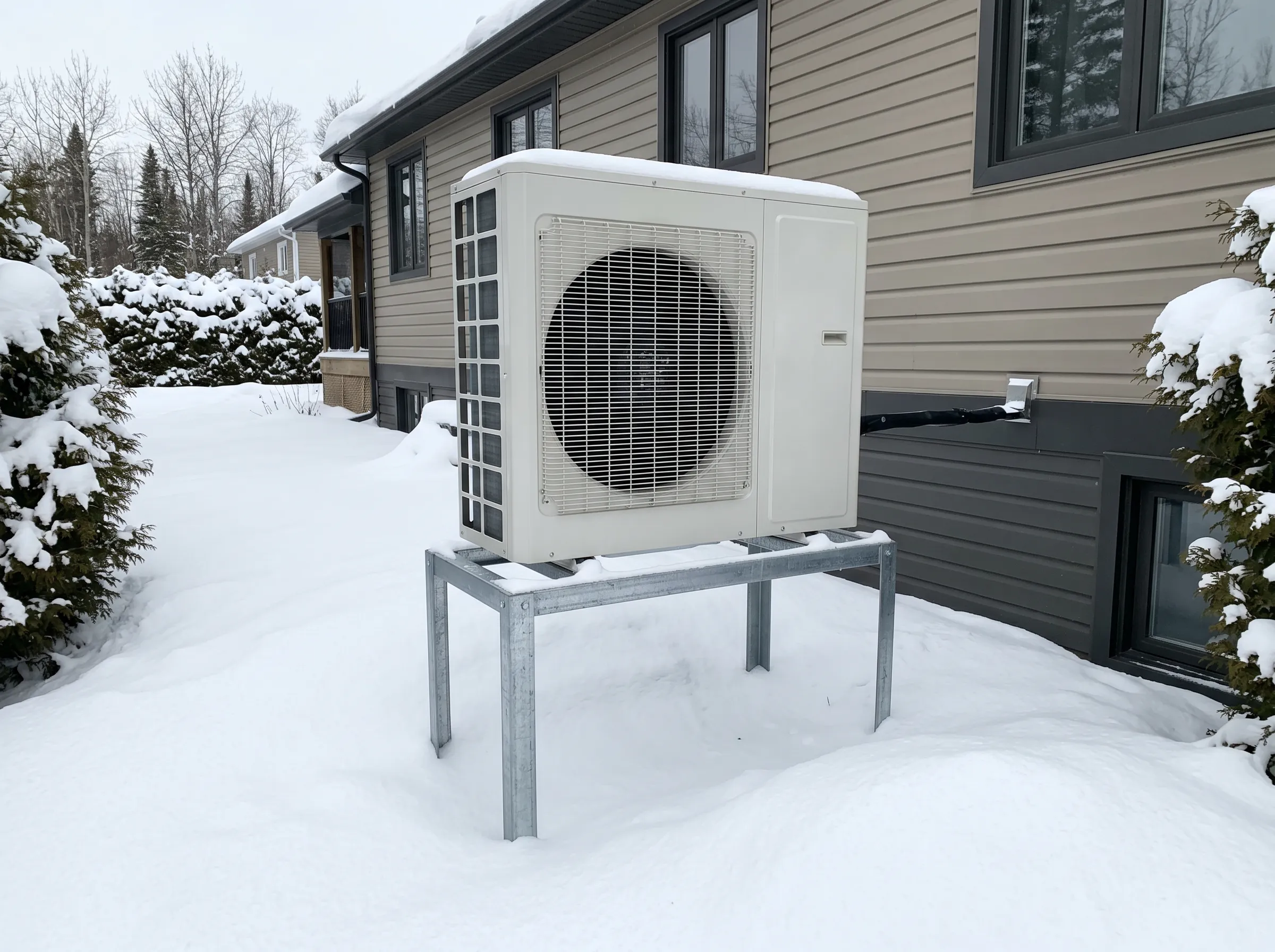 Cold-climate heat pump outdoor unit on an elevated pad in a snowy Timmins yard