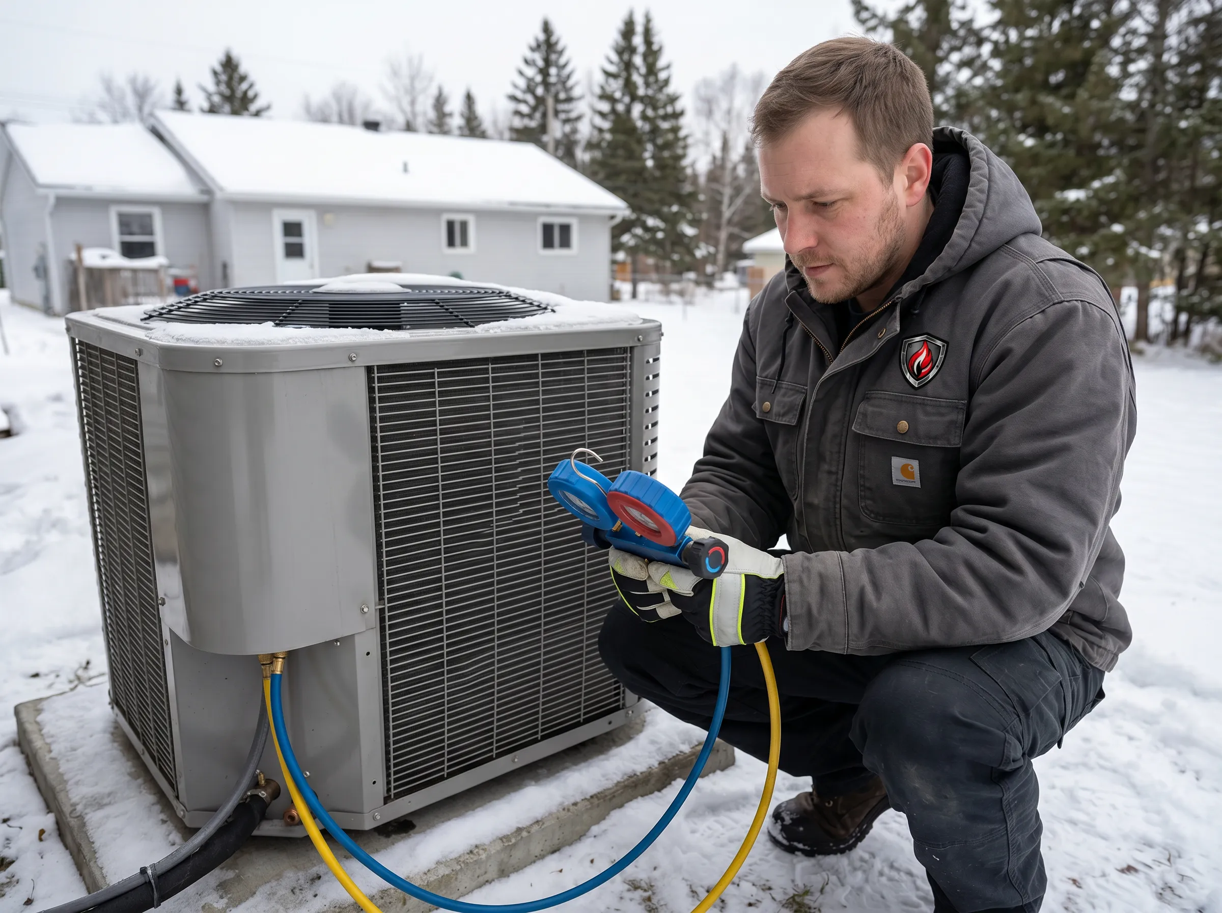 Ironclad Mechanical technician performing heat pump startup testing with gauges