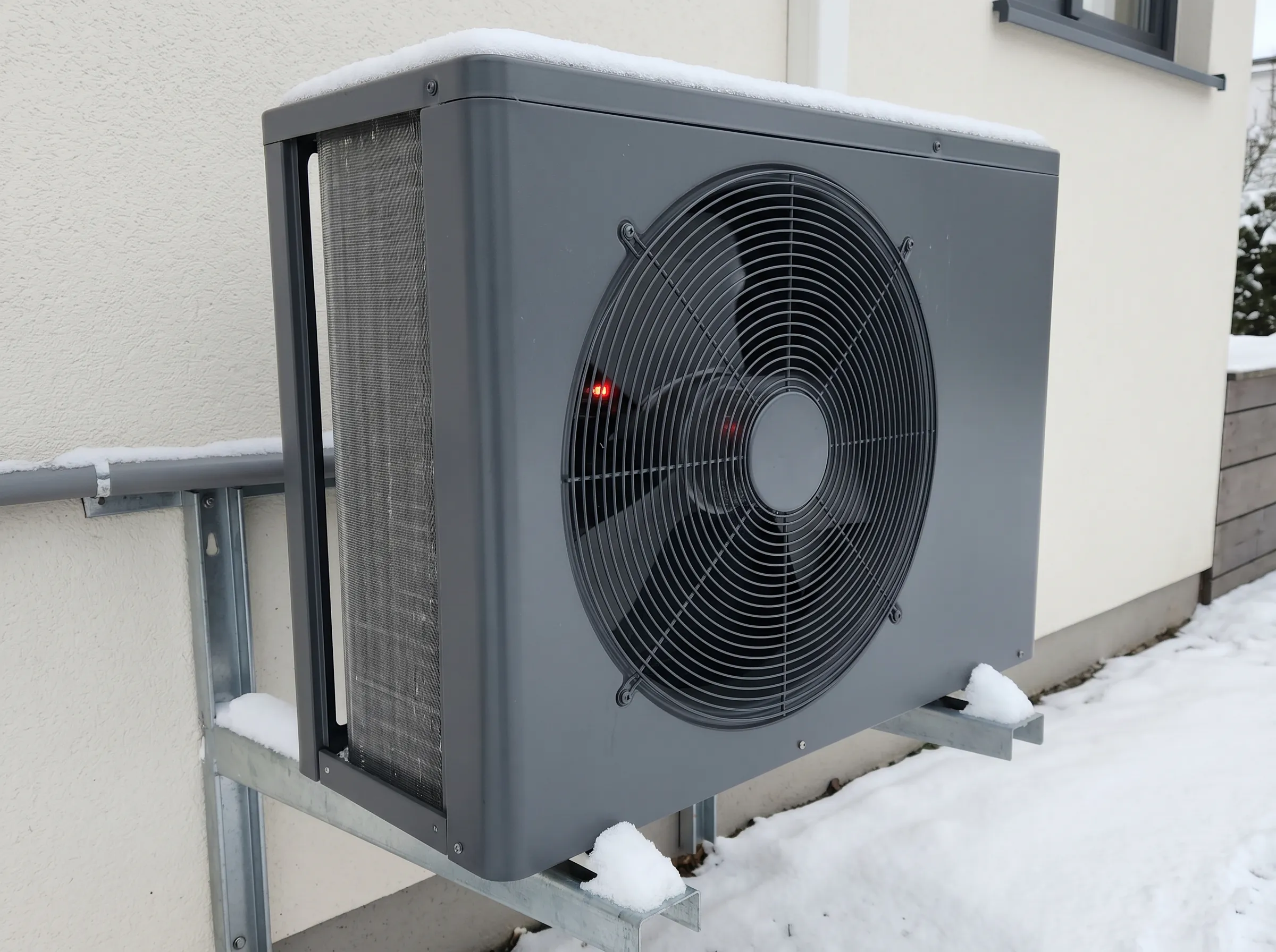 Cold-weather-rated heat pump outdoor condenser unit close-up