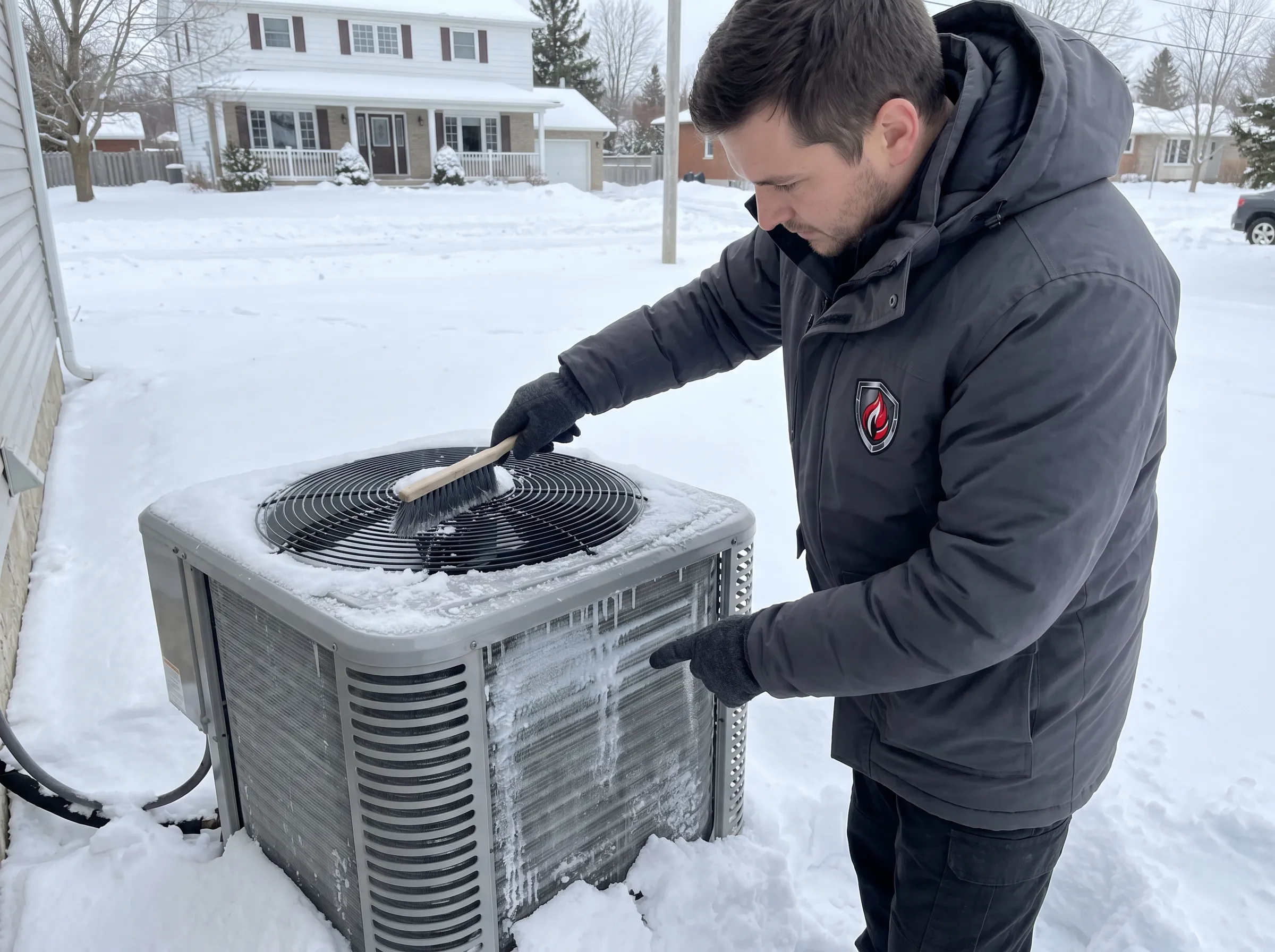 Cold-climate heat pump being serviced by technician in Northern Ontario winter conditions