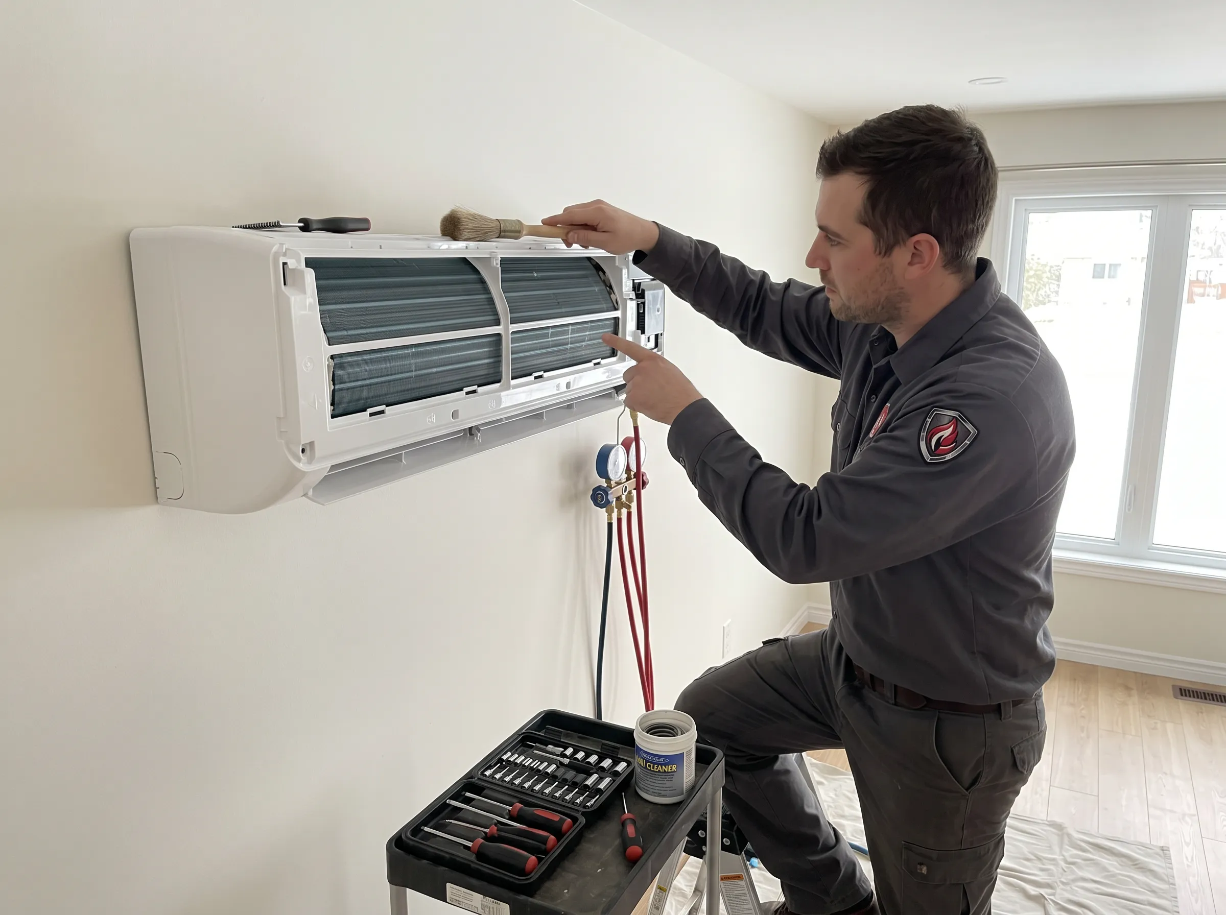 Ductless mini split repair showing internal component inspection and coil cleaning service