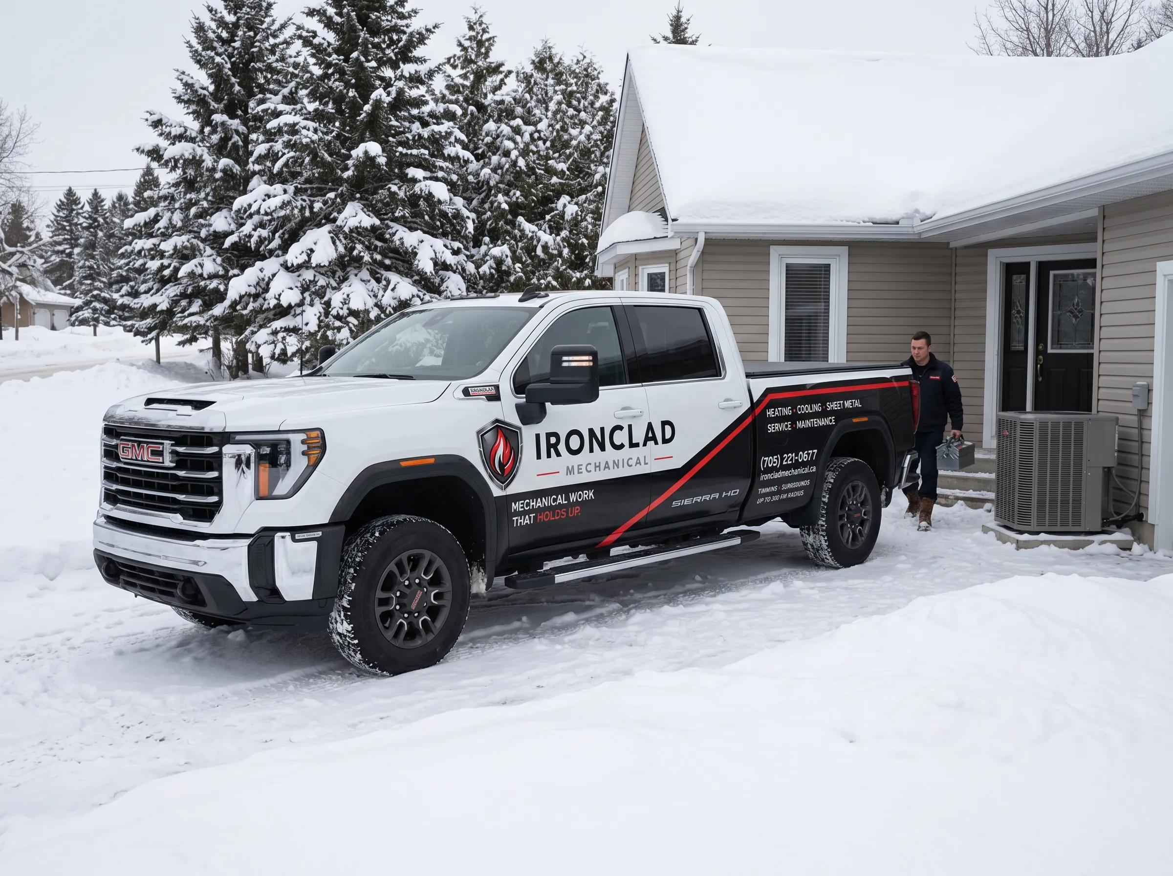 Heat pump repair service truck in Timmins during winter with technician responding to service call