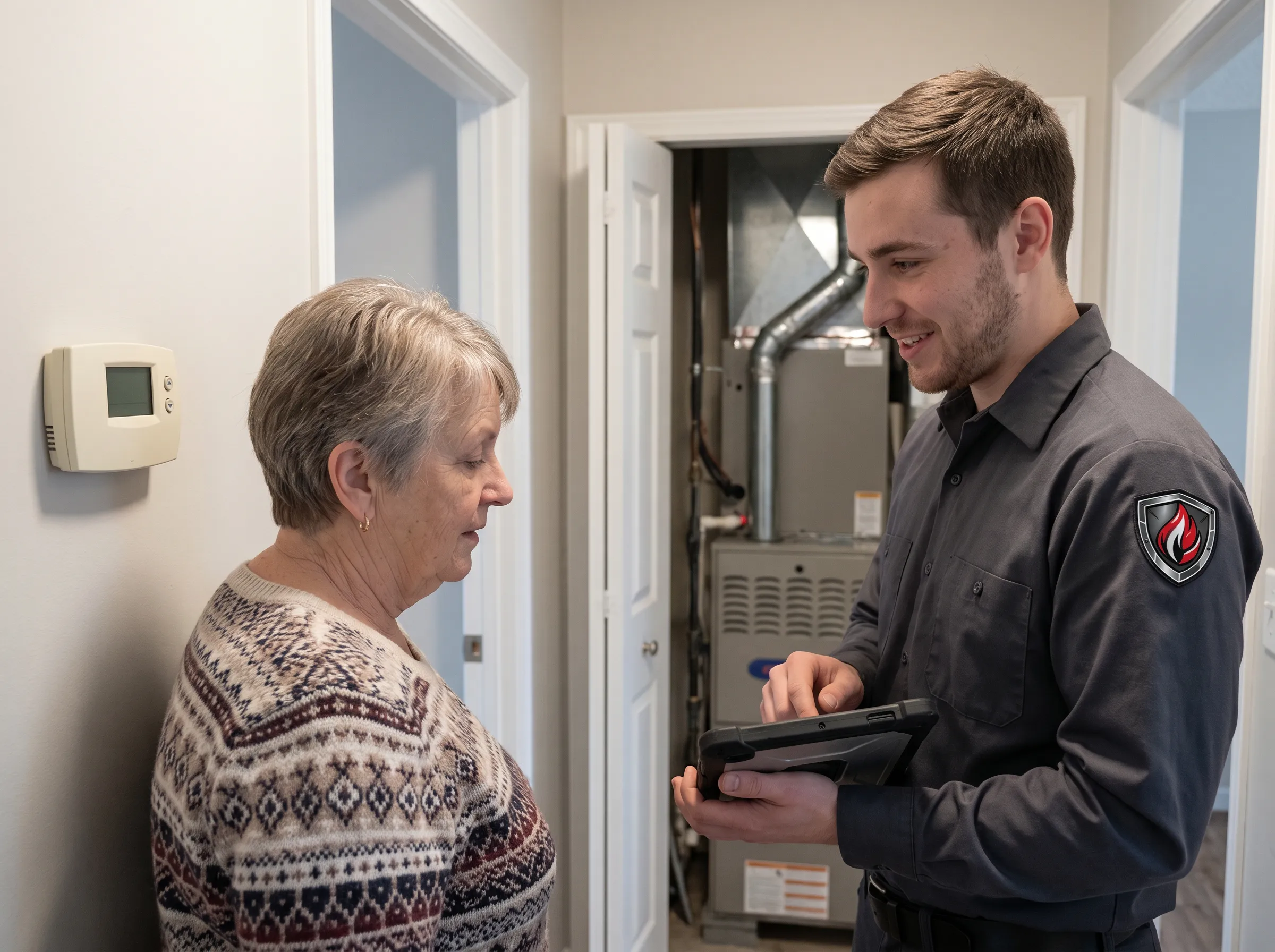 HVAC technician providing transparent heat pump repair assessment and pricing to Timmins homeowner