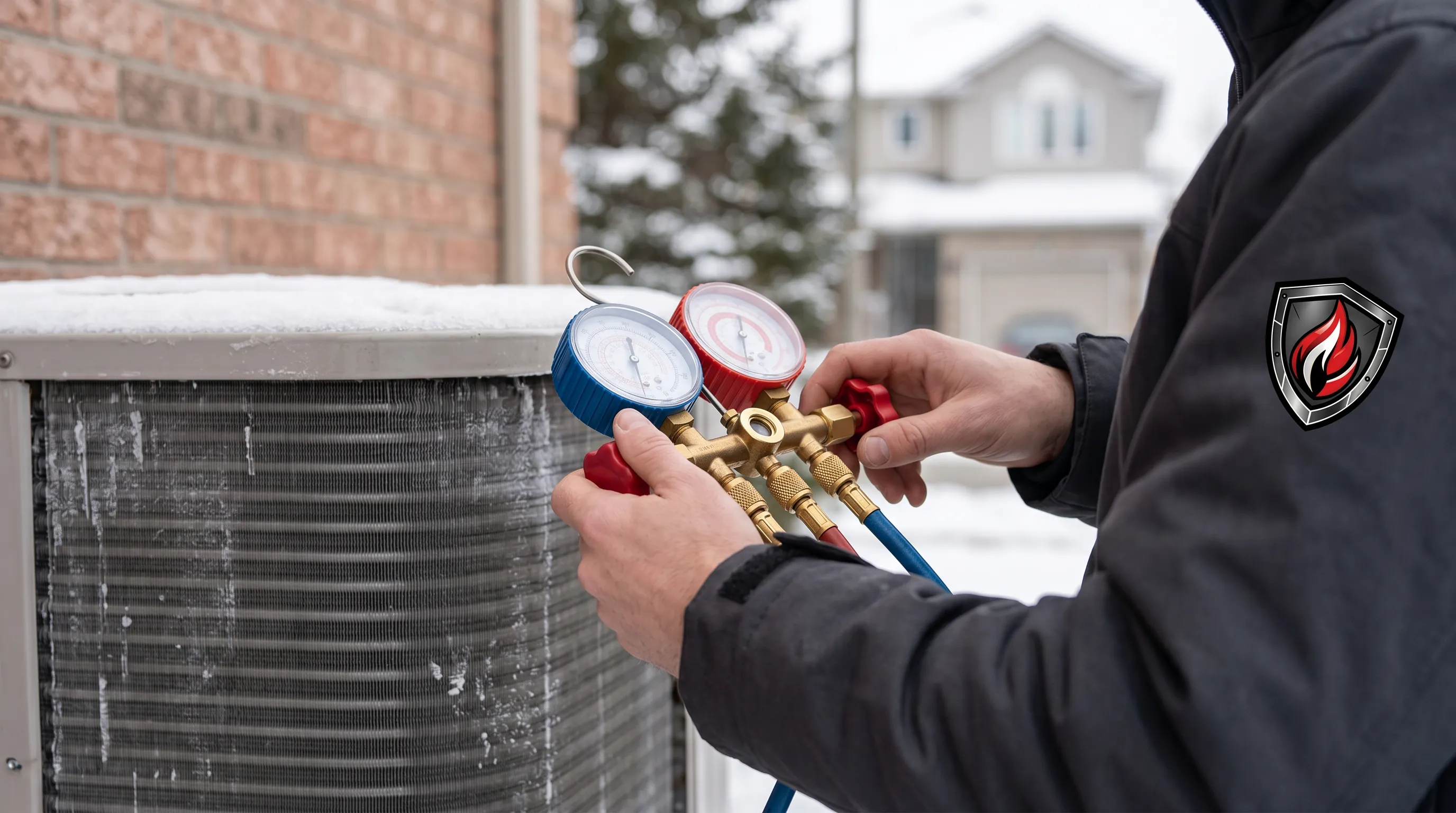 HVAC technician diagnosing heat pump refrigerant levels during winter repair in Timmins