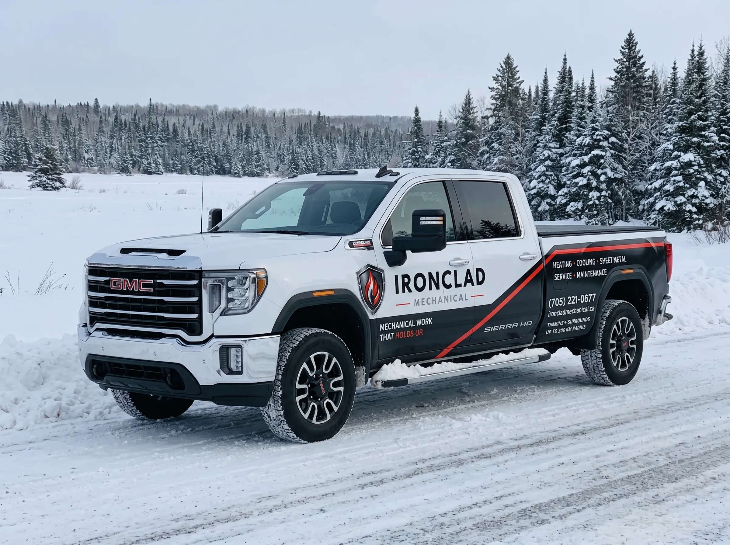 Ironclad Mechanical service truck covering heat pump repair across Timmins and Northern Ontario