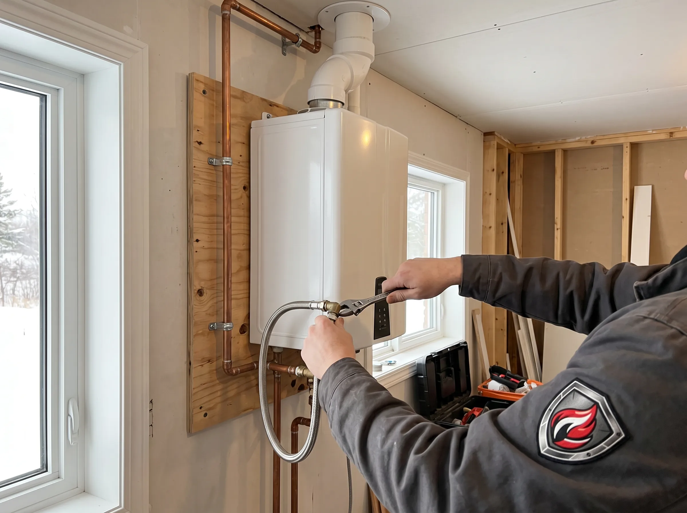 Tankless water heater installation in Timmins home by Ironclad Mechanical technician