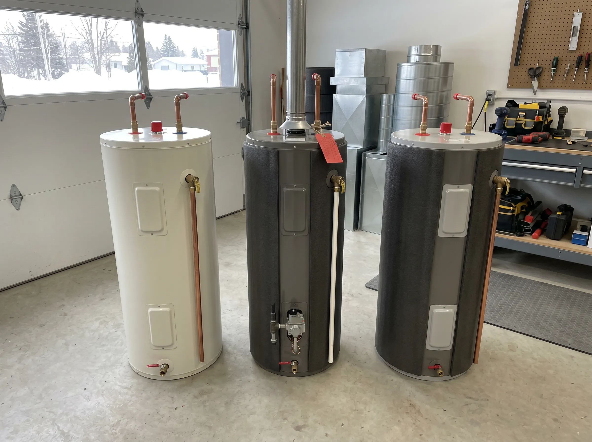New water heater units ready for installation by Ironclad Mechanical in Timmins