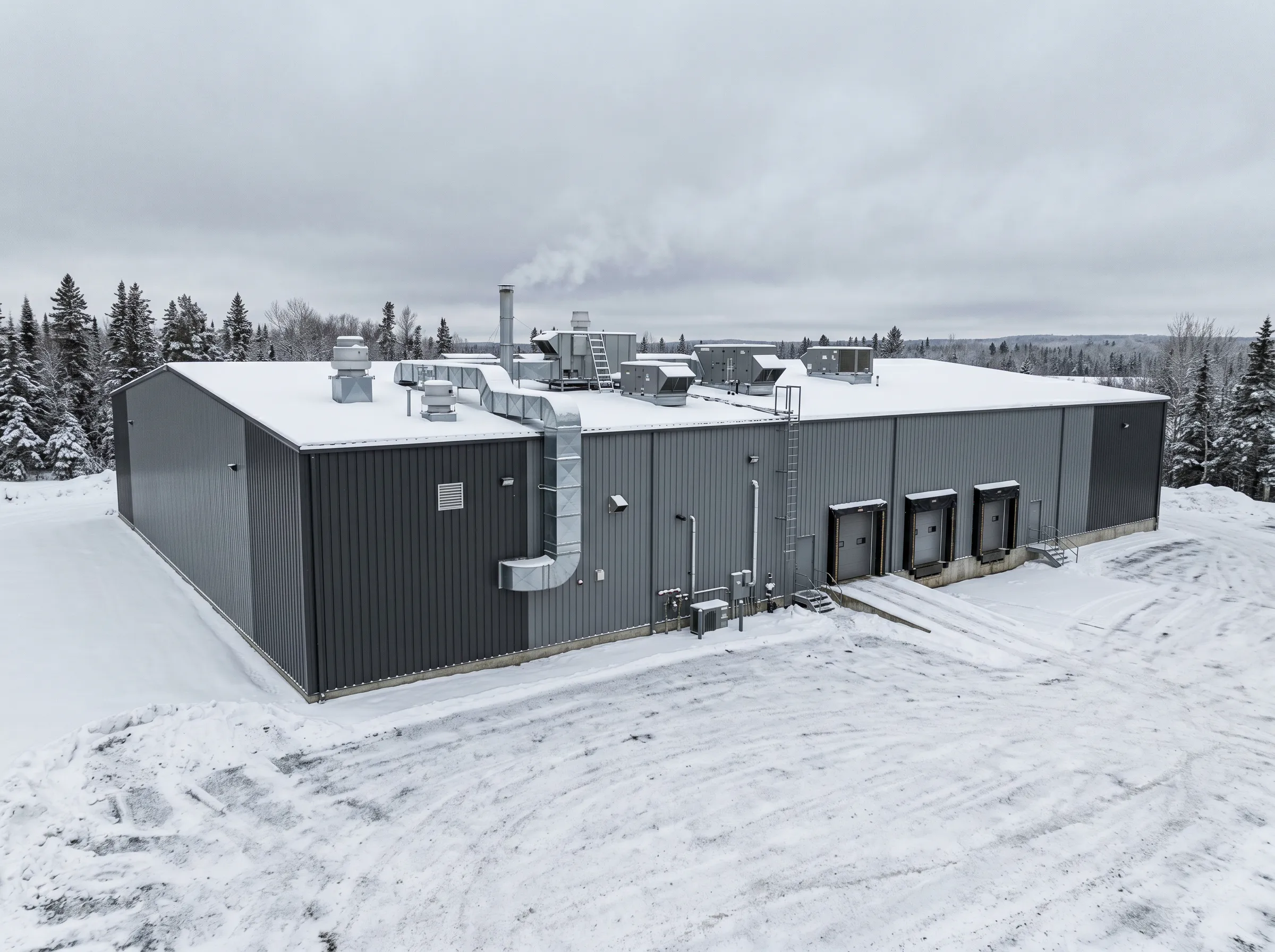 Industrial mechanical facility in Timmins Ontario with commercial HVAC systems and ventilation equipment