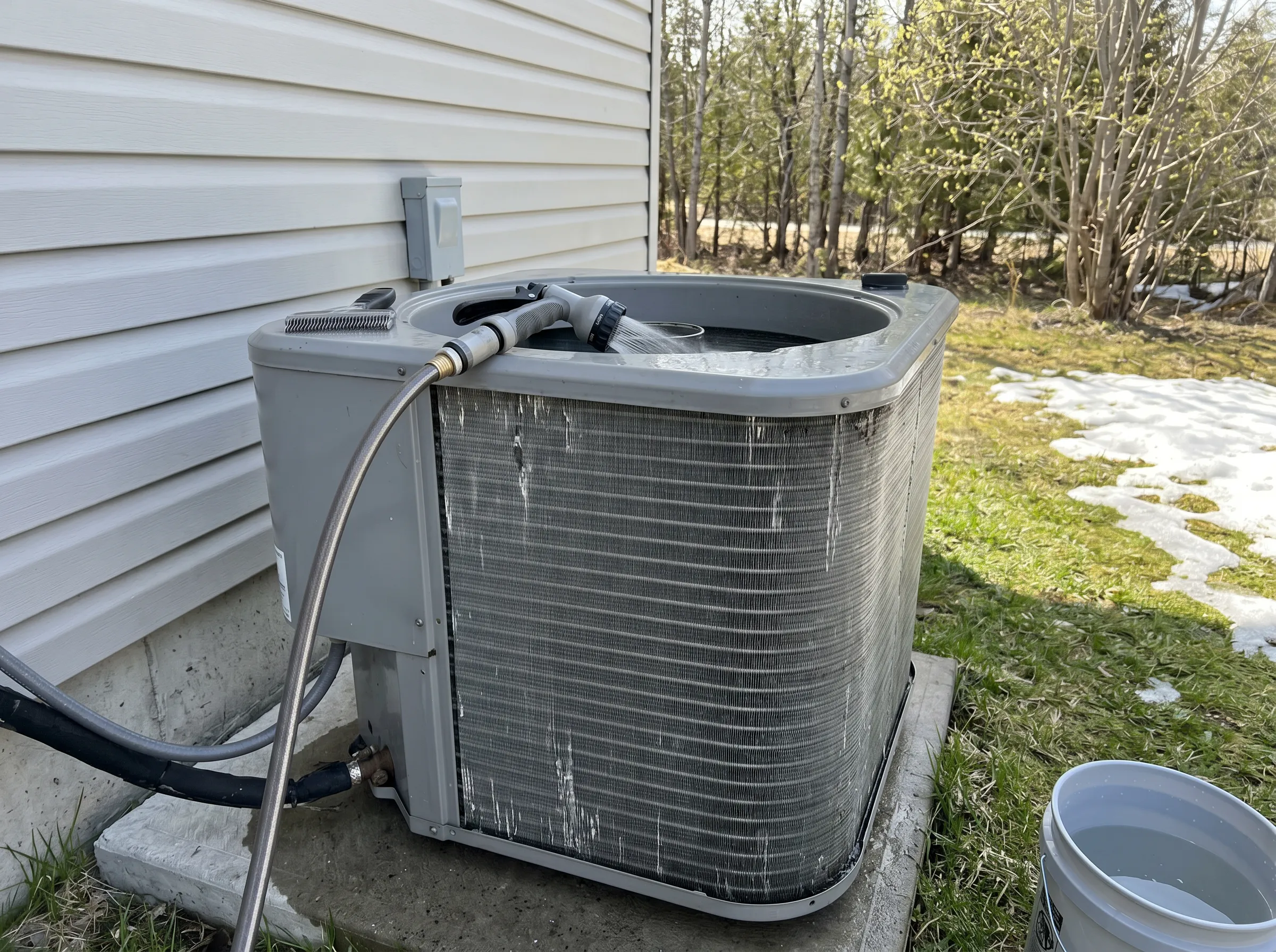 AC condenser coil cleaning during spring maintenance tune-up in Timmins
