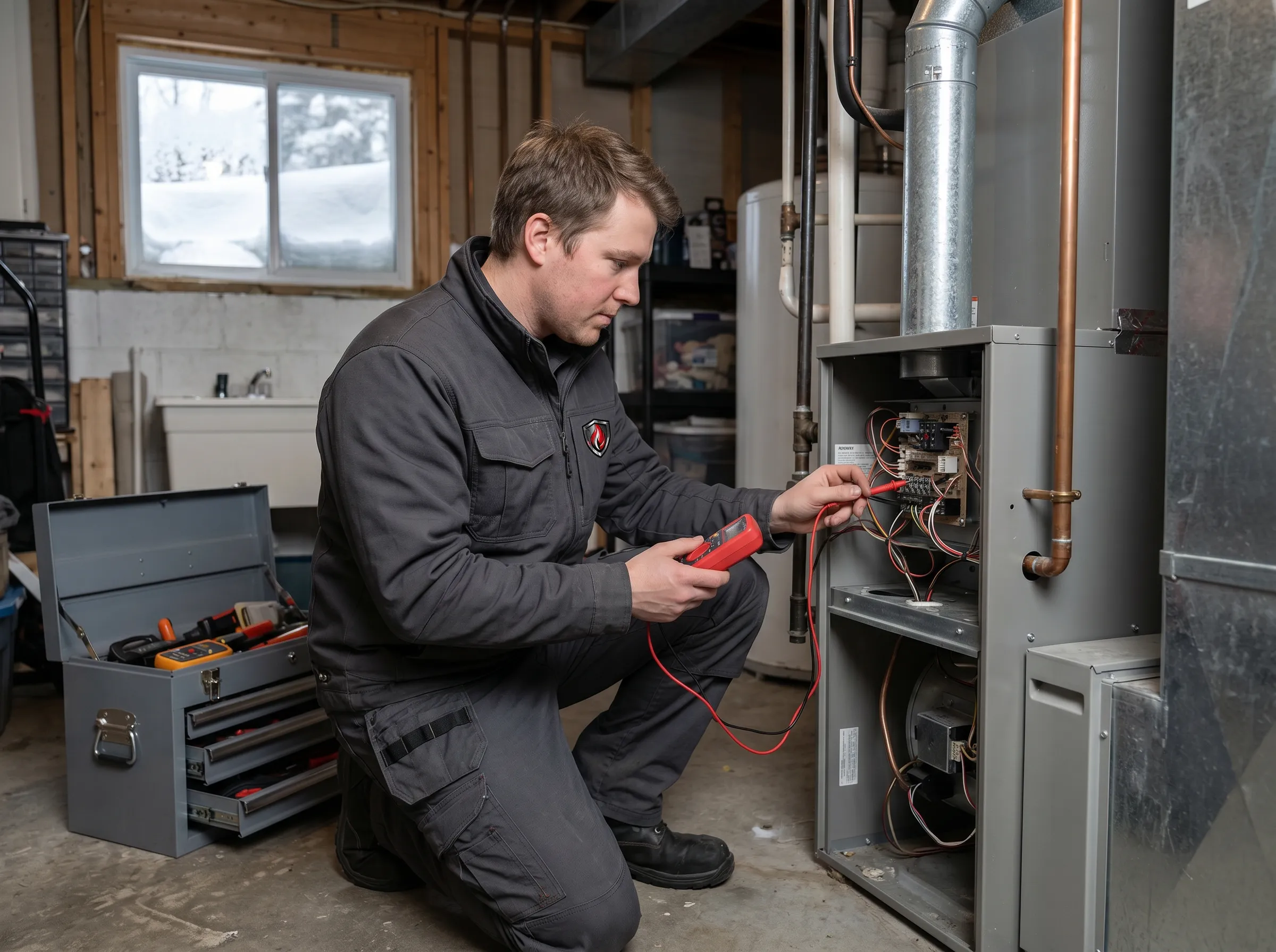 HVAC technician inspecting furnace during annual maintenance visit in Timmins Ontario