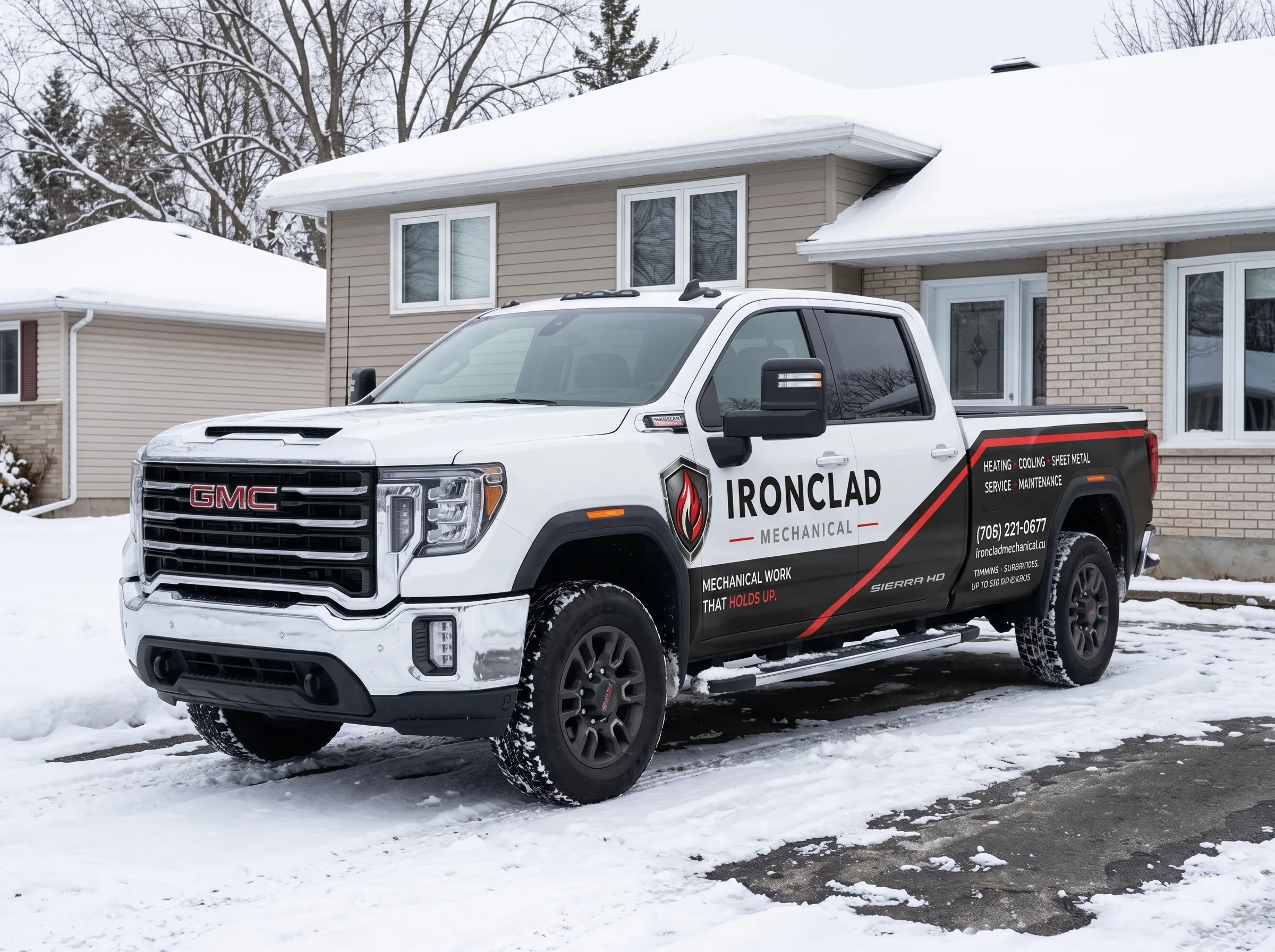 Ironclad Mechanical GMC service truck parked in front of a Timmins home in winter
