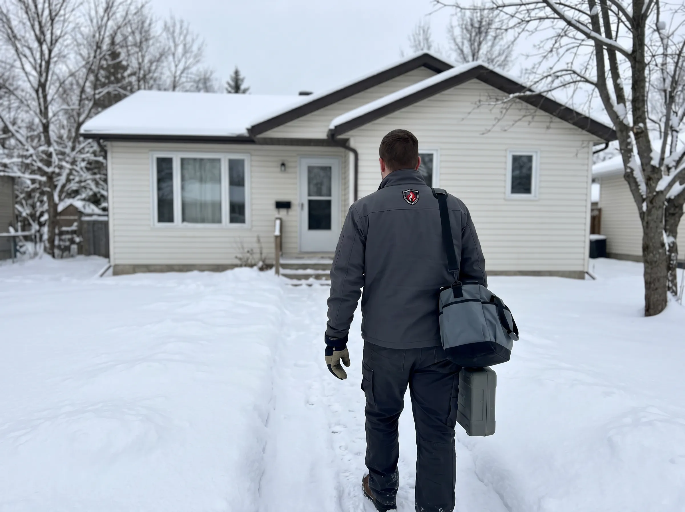 Ironclad Mechanical technician arriving at a residential home in Northern Ontario on a winter day